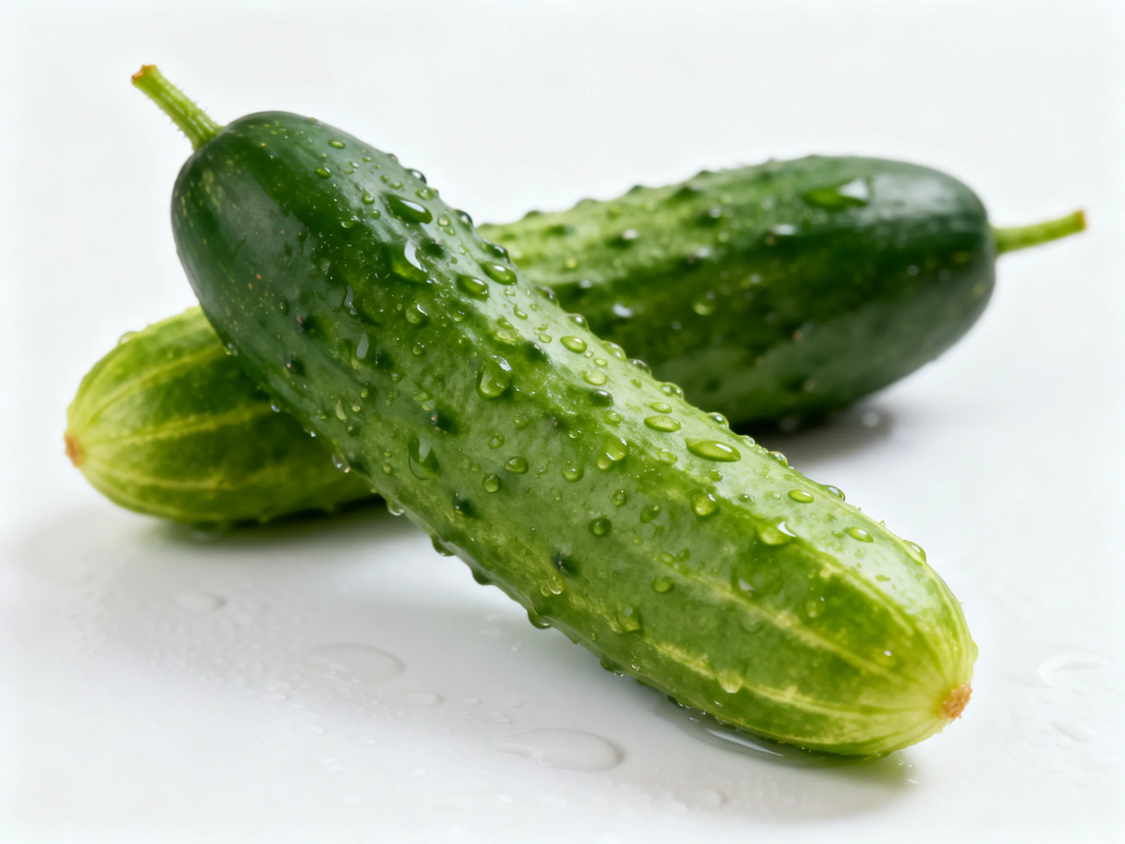 Fresh green cucumbers with water droplets on a white surface