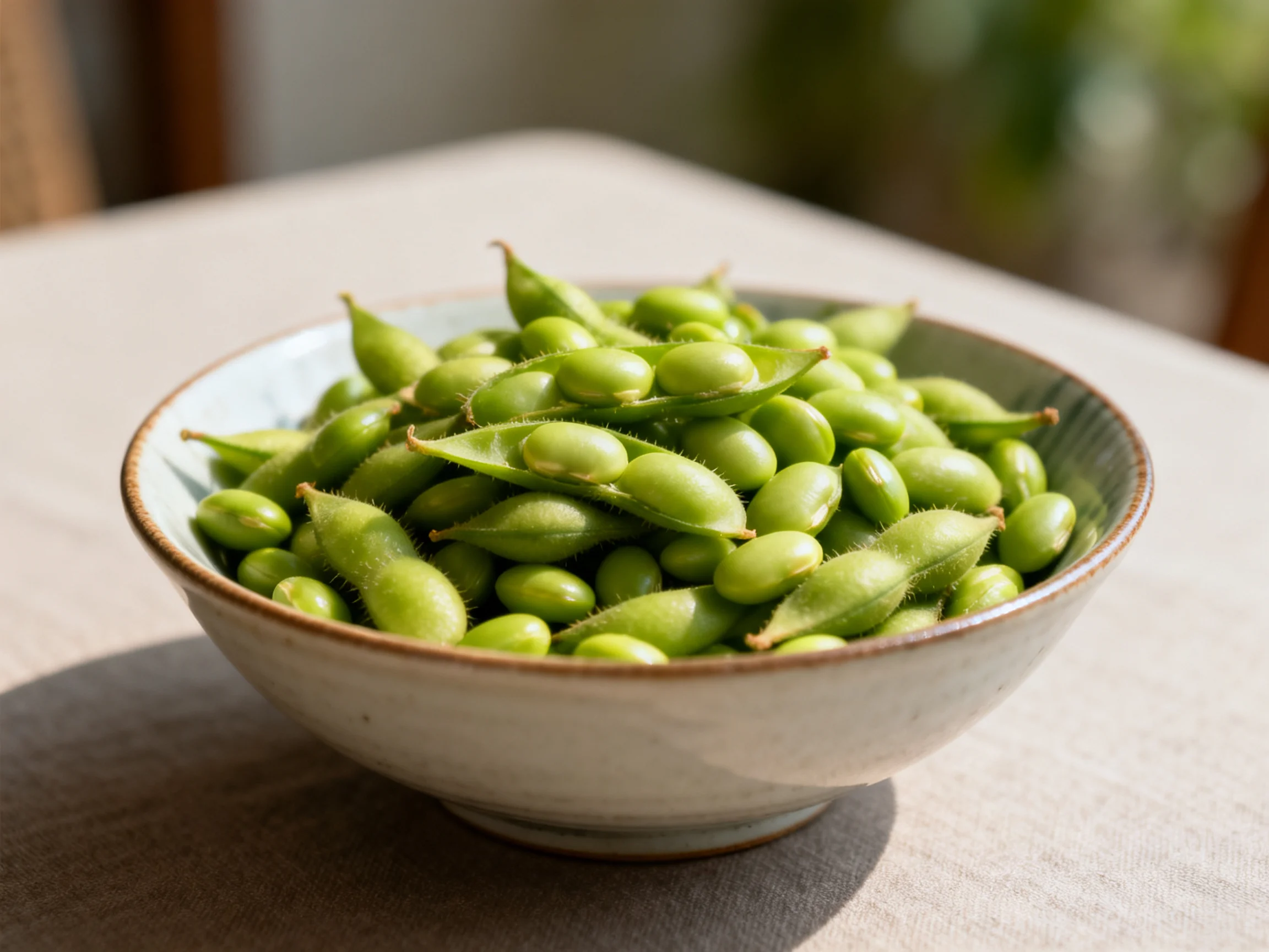 Fresh green edamame beans in a ceramic bowl on a table