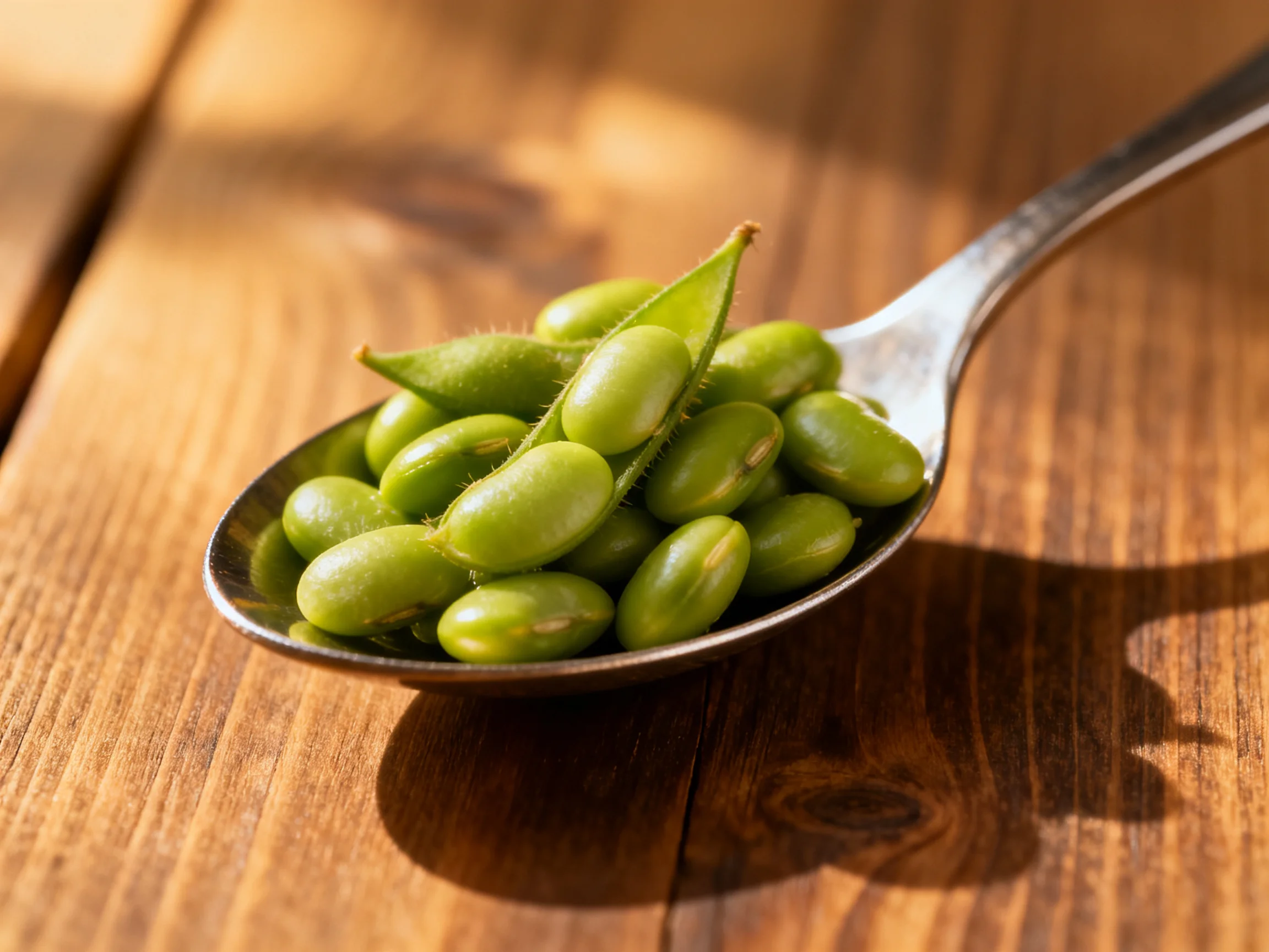 Fresh green edamame beans in a metal spoon on wood