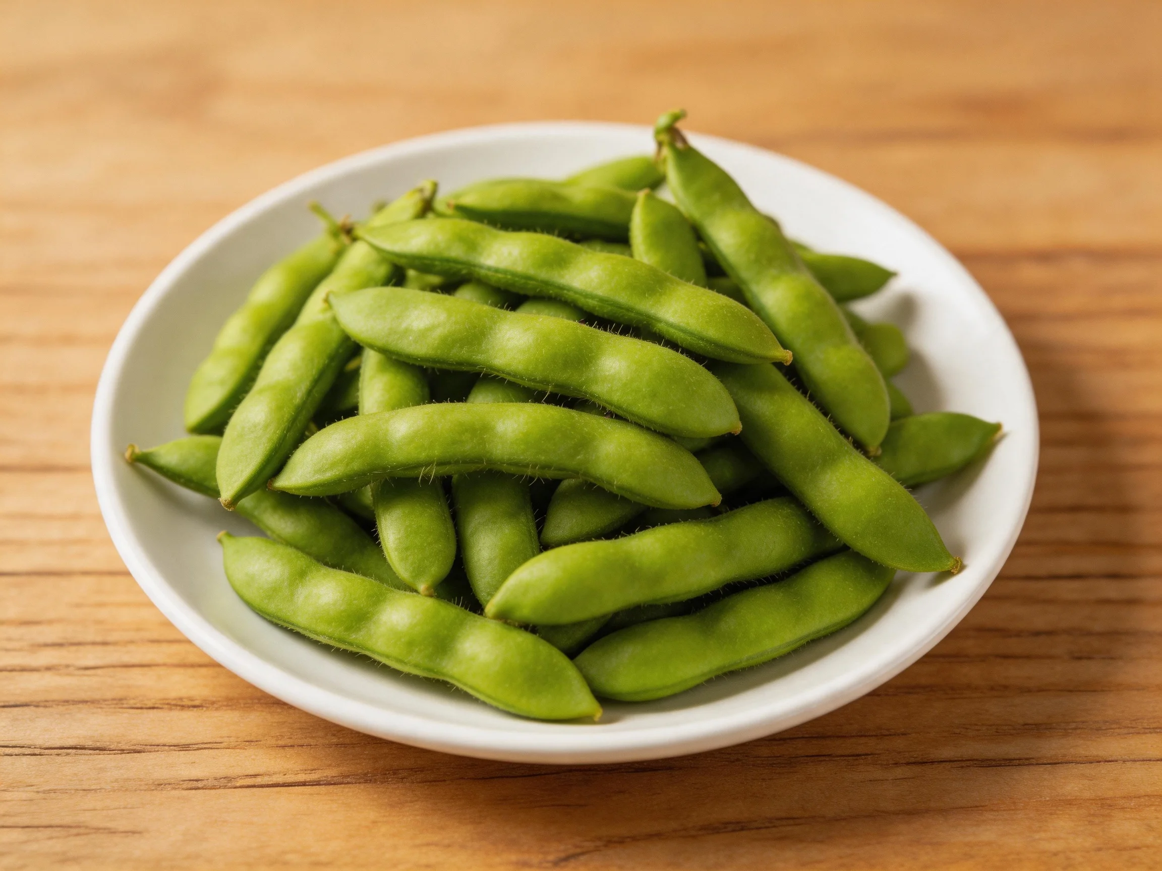 Fresh green edamame pods arranged in a white bowl on a wooden surface