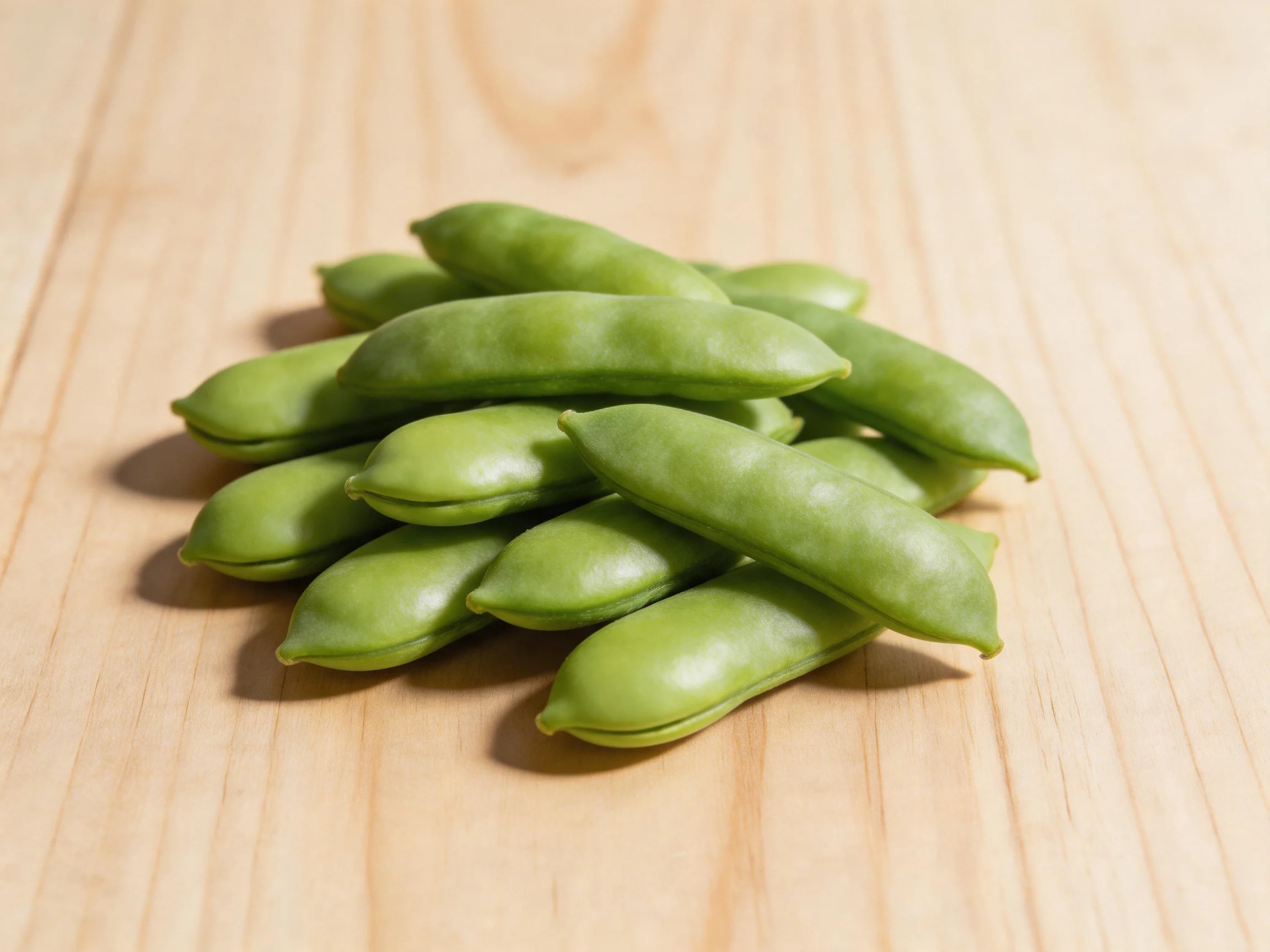Fresh green edamame pods clustered on a smooth wooden board