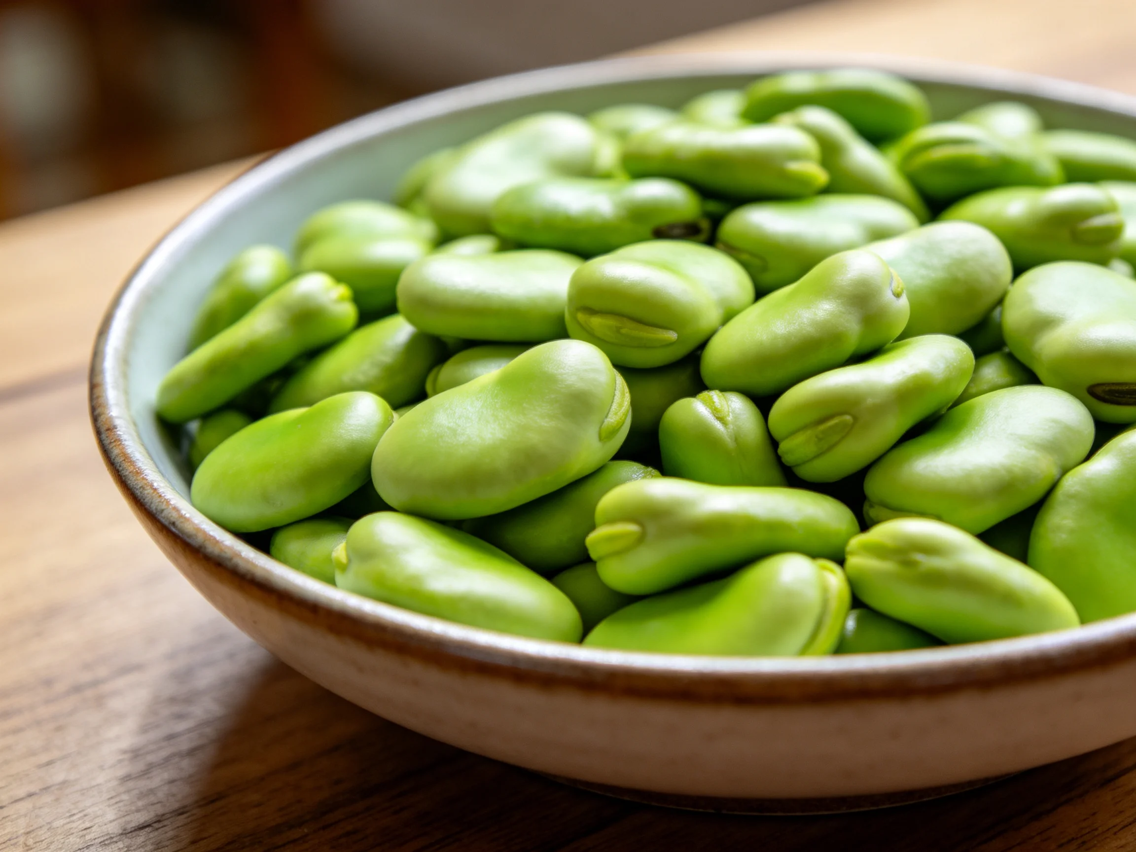 Fresh green fava beans in a ceramic bowl on a wooden surface
