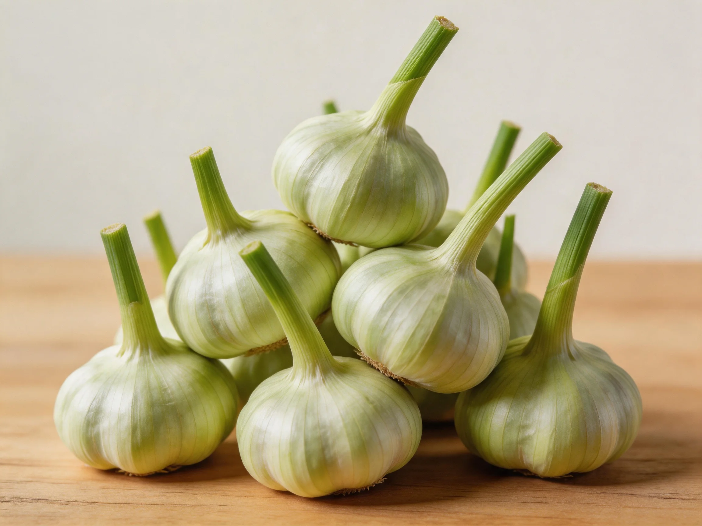 Fresh green garlic bulbs arranged in a pyramid on a wooden surface