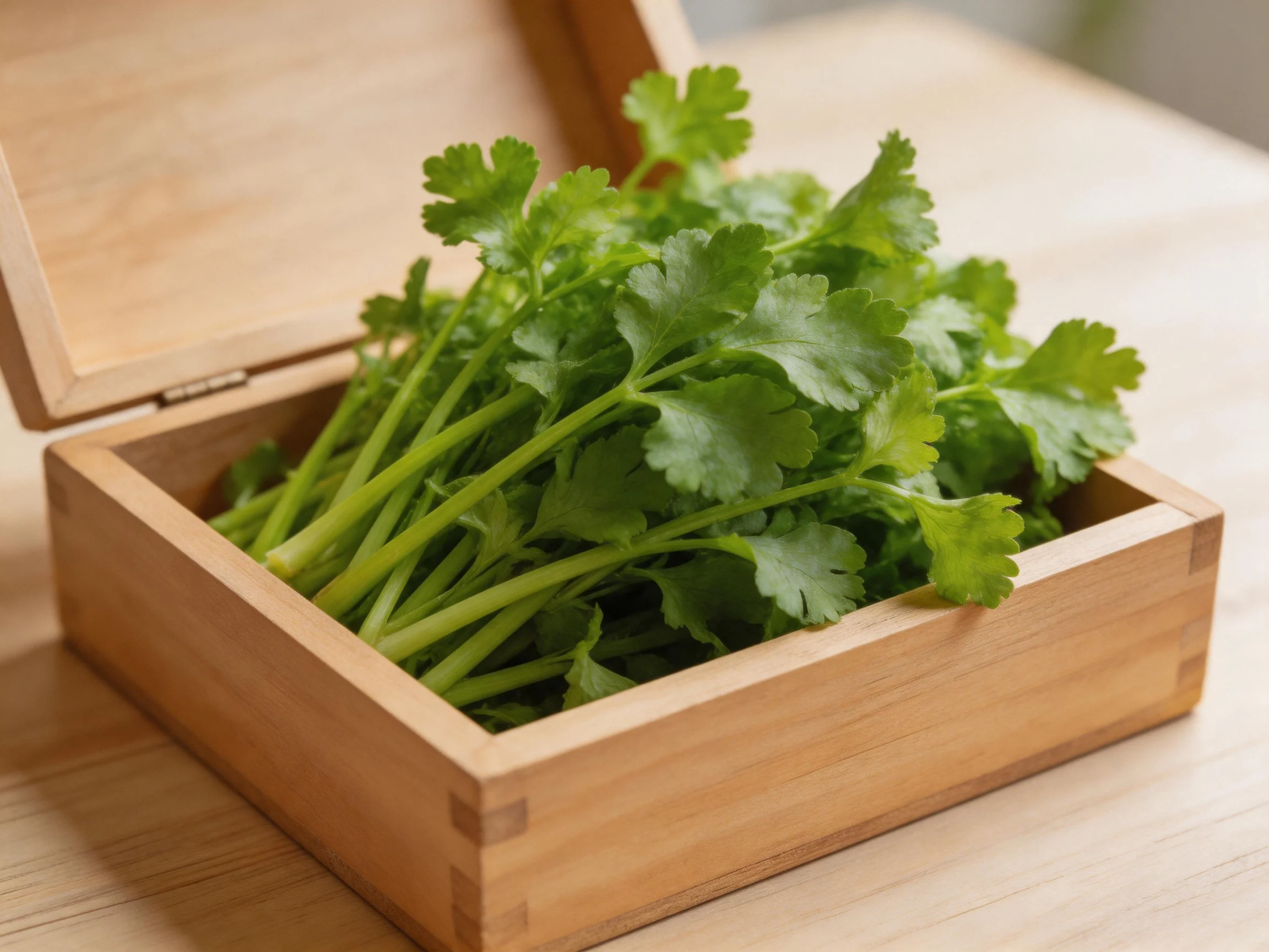 Fresh green herb bunches arranged in an open wooden container