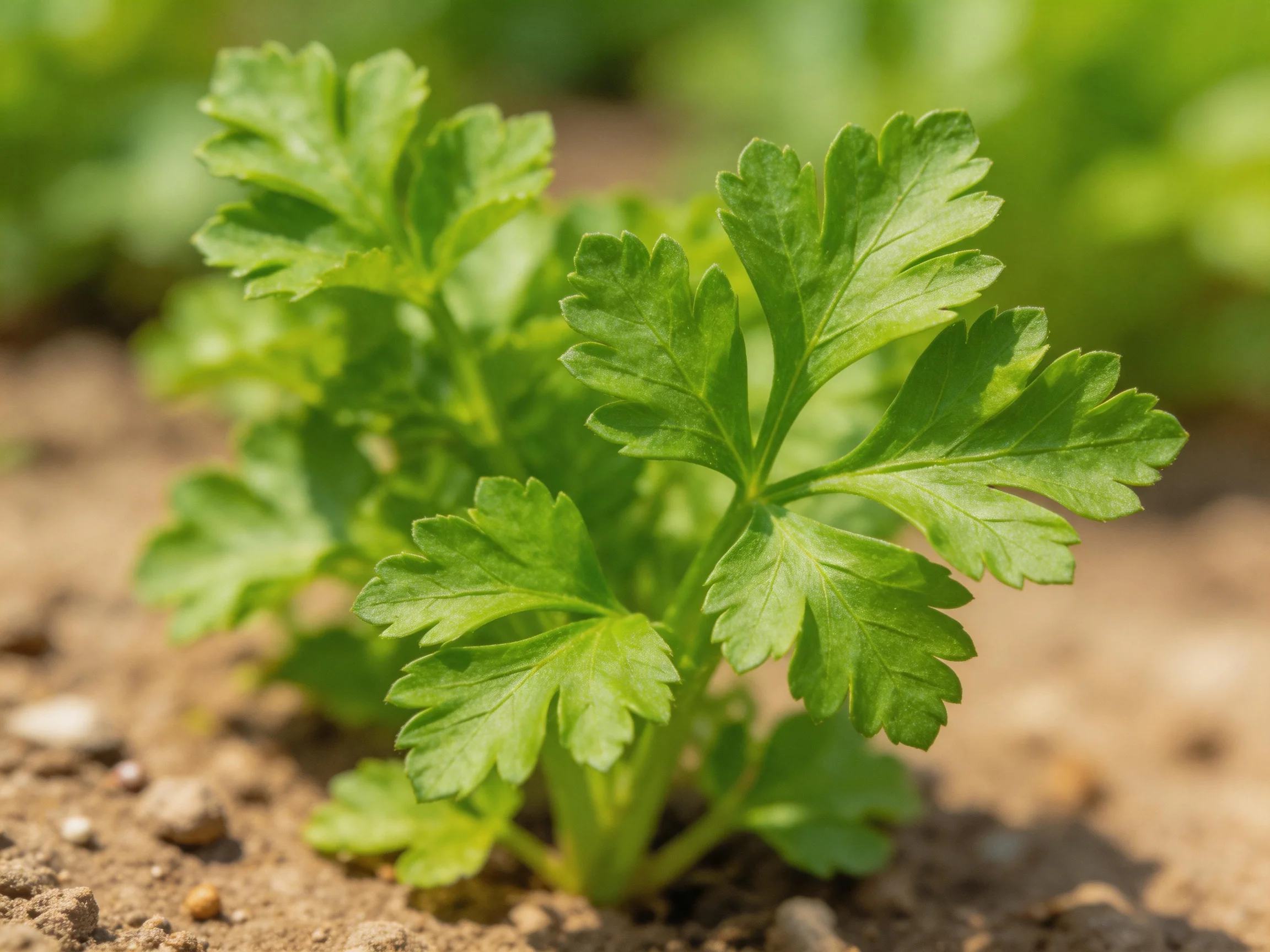 Fresh green herb plant thriving in garden soil under bright sunlight