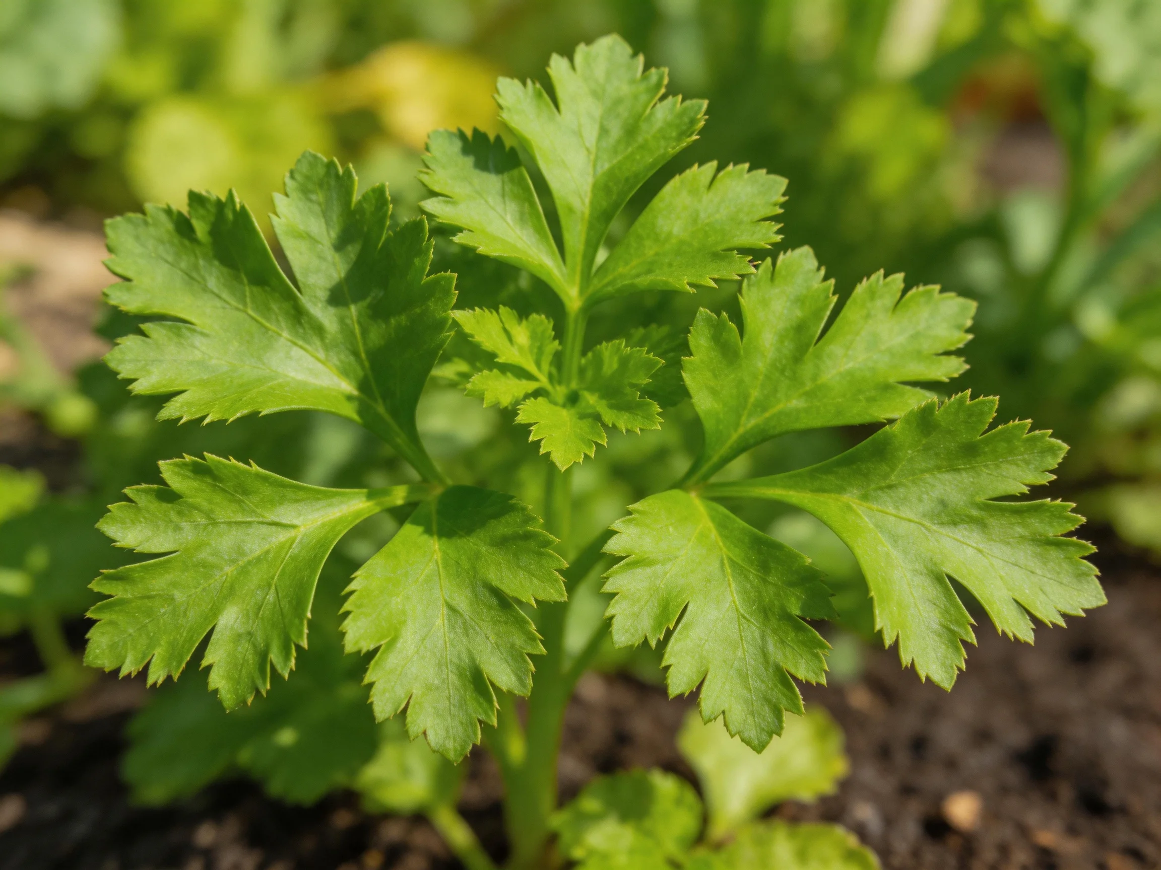 Fresh green herb plant with feathery leaves growing in garden soil