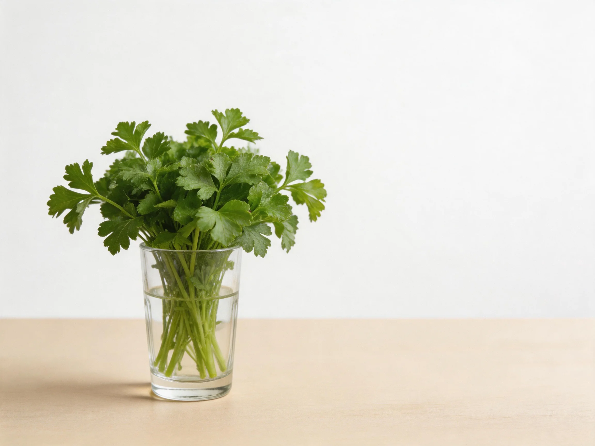 Fresh green herb stems in a clear glass with water