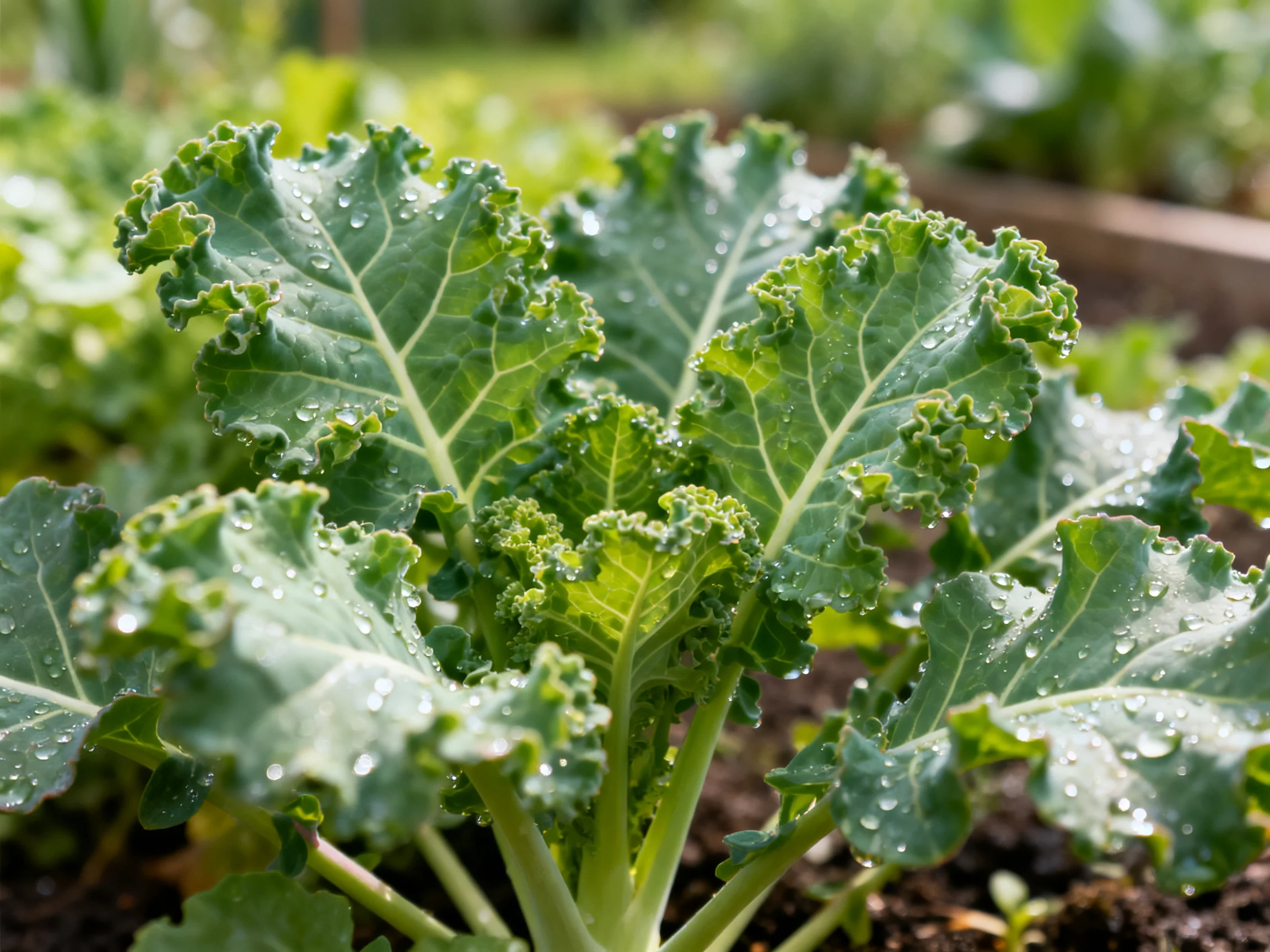 Fresh green kale leaves with water droplets in a sunlit garden bed