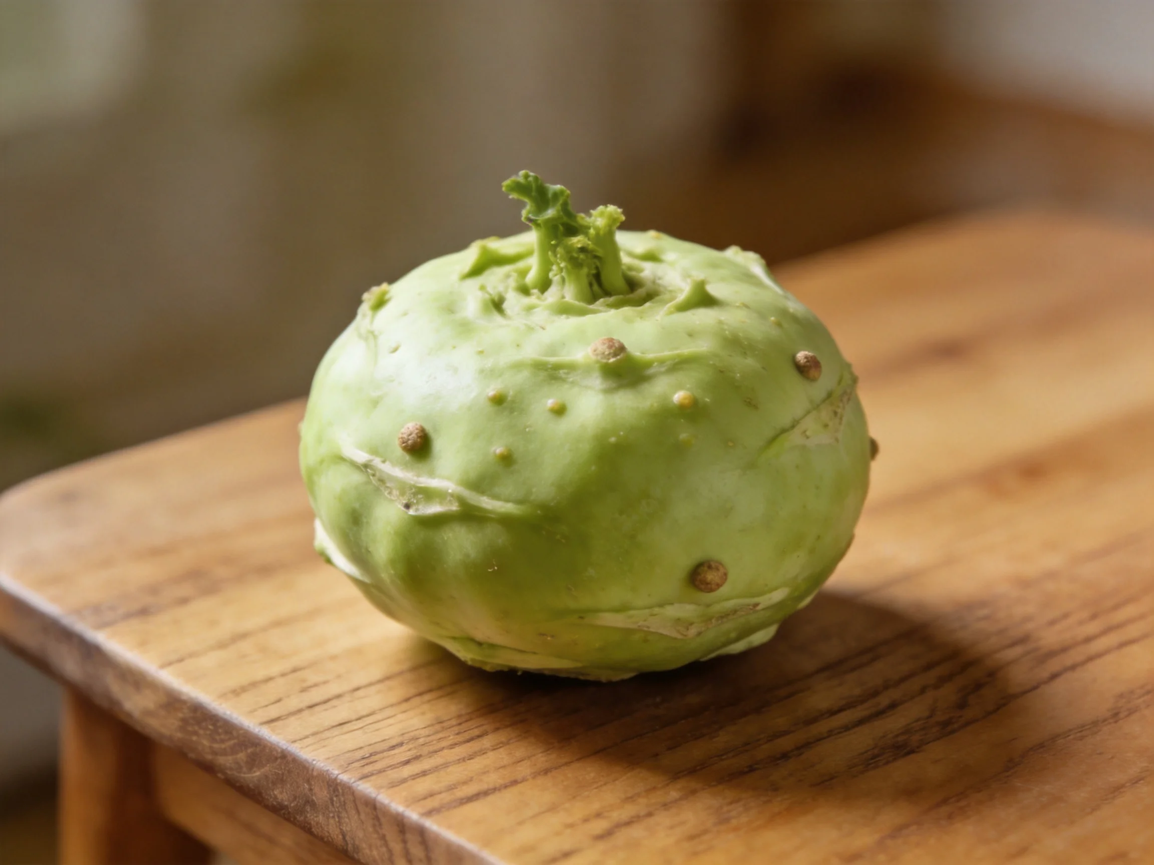 Fresh green kohlrabi on a polished wooden table