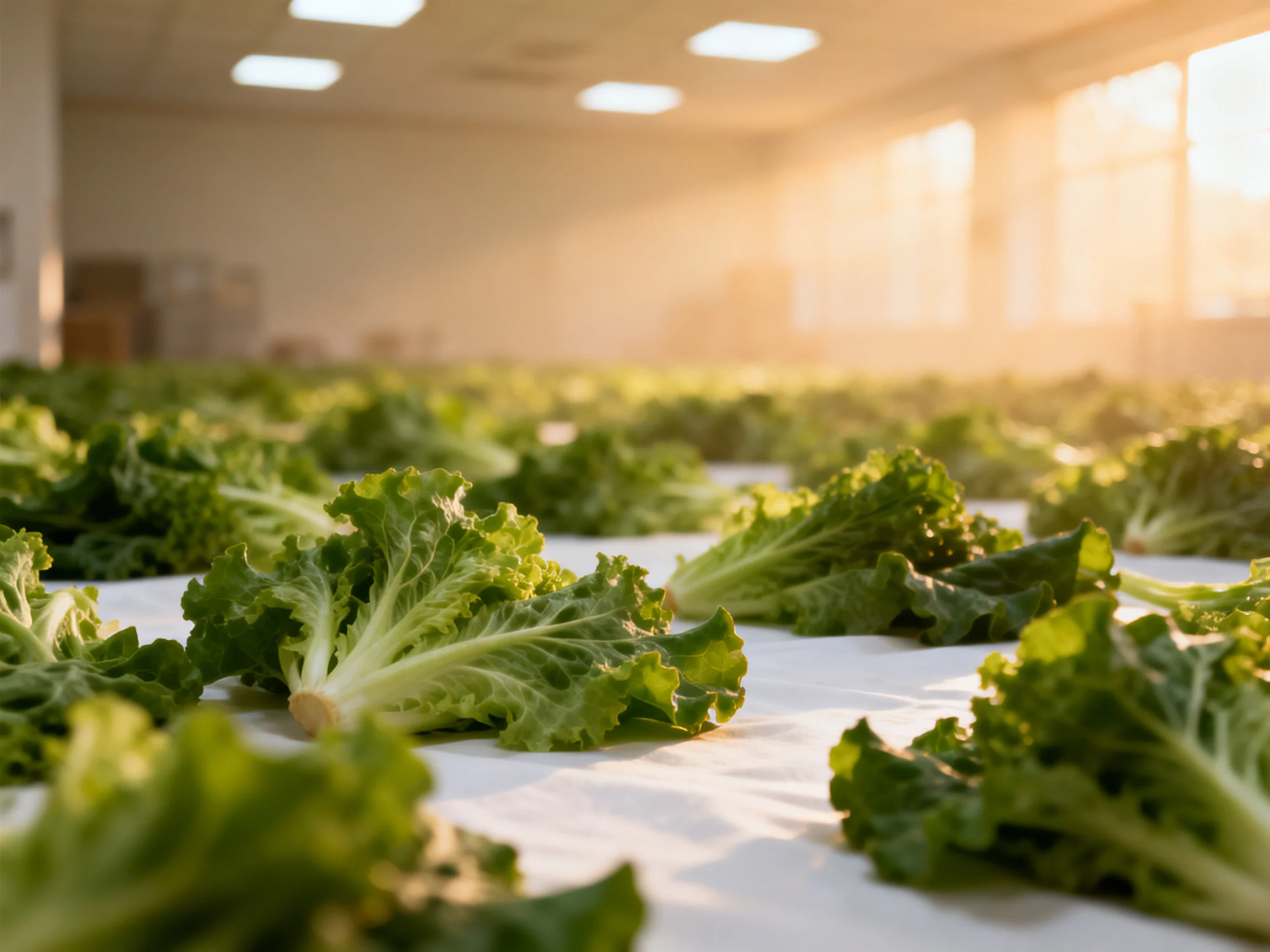 Fresh green leafy greens arranged in an indoor agricultural space with natural sunlight
