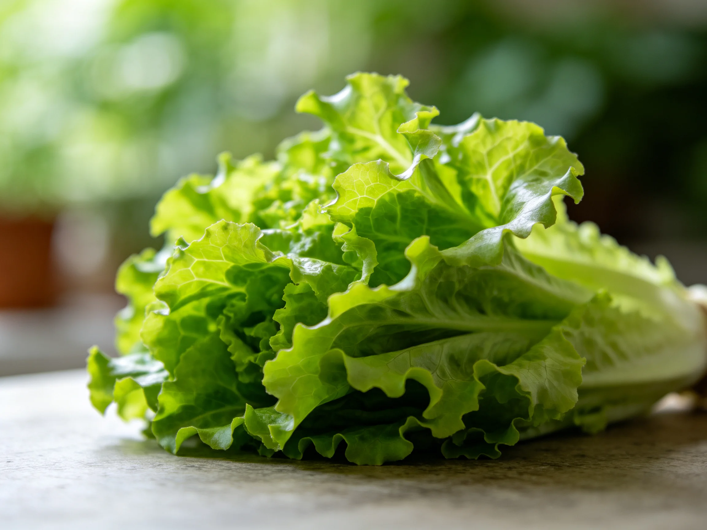 Fresh green leafy lettuce with ruffled edges on a wooden surface