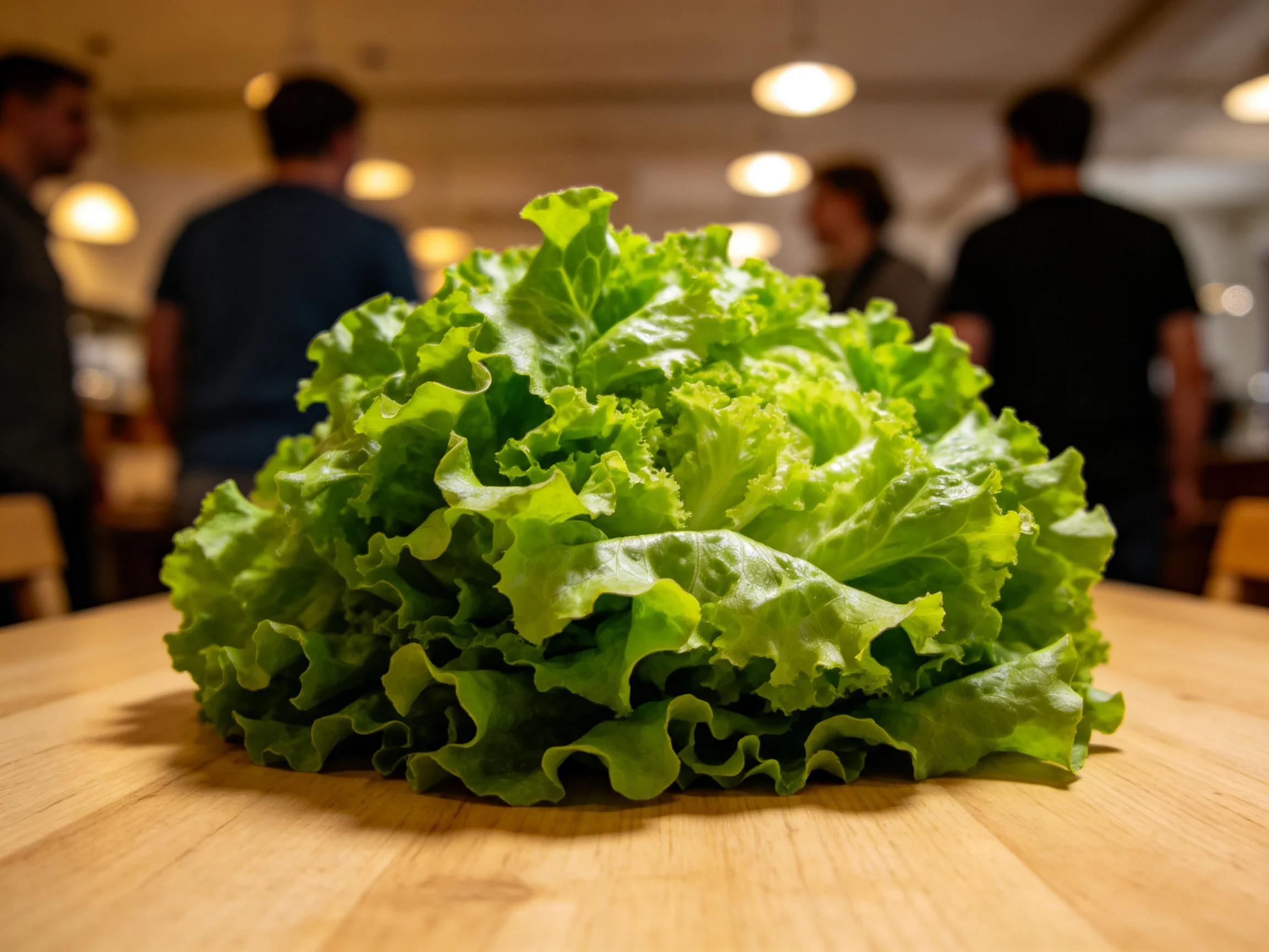 Fresh green leafy vegetable centered on wooden table with blurred figures