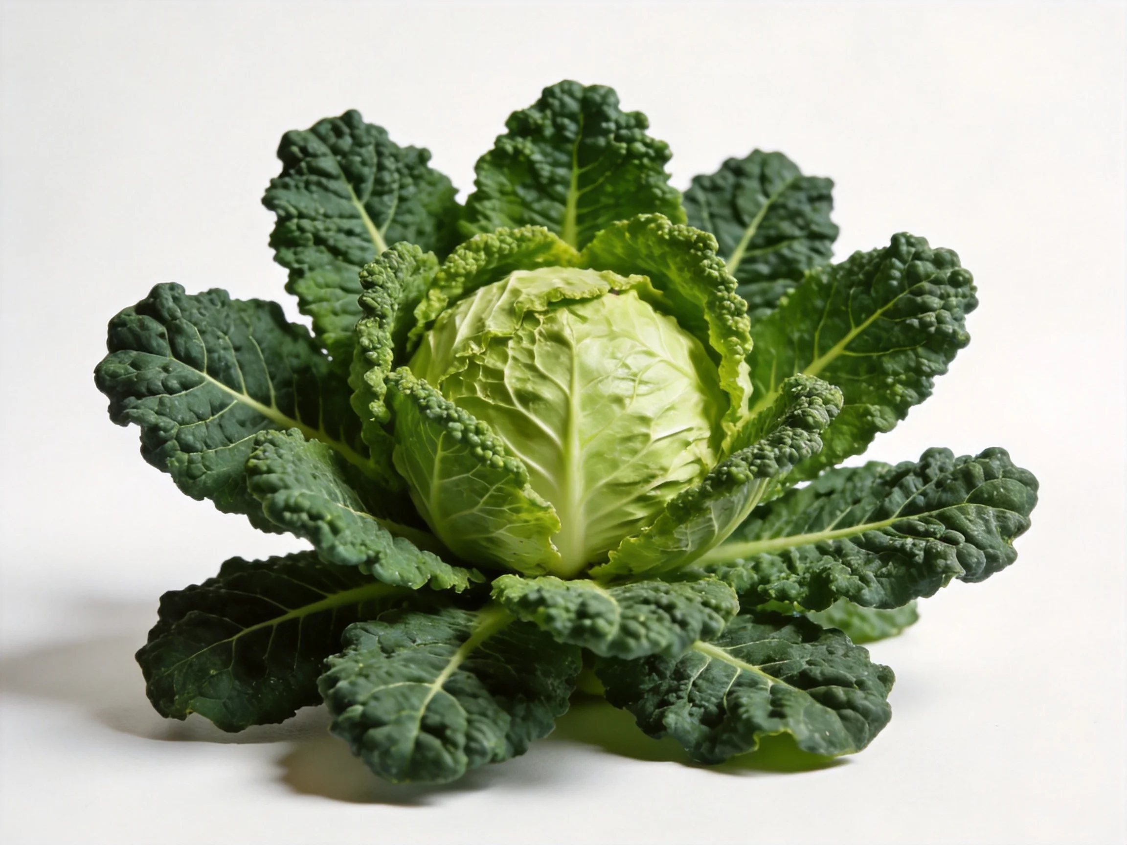 Fresh green leafy vegetable with textured leaves and central head