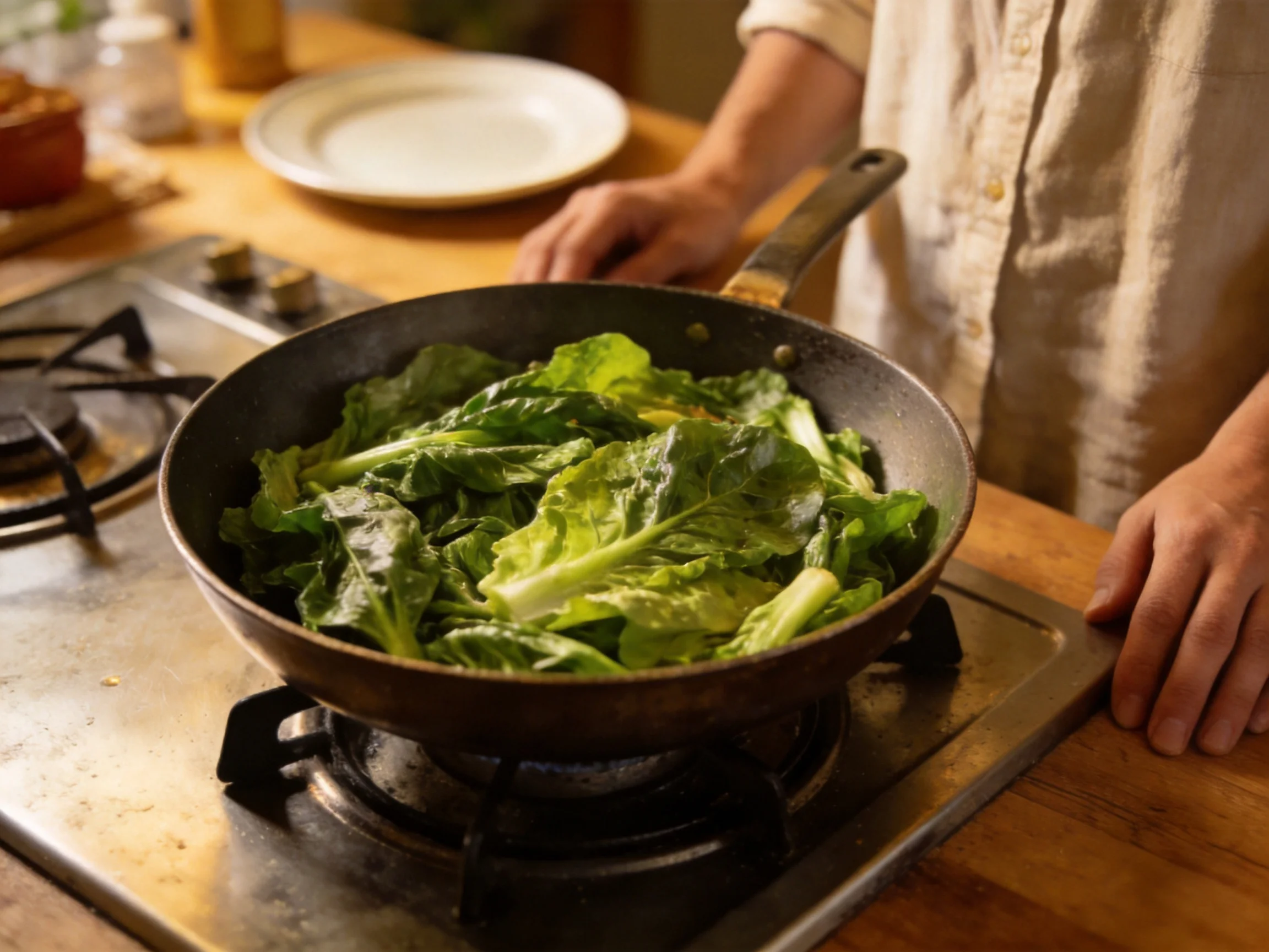 Fresh green leafy vegetables cooking in a black cast iron skillet on a gas stove