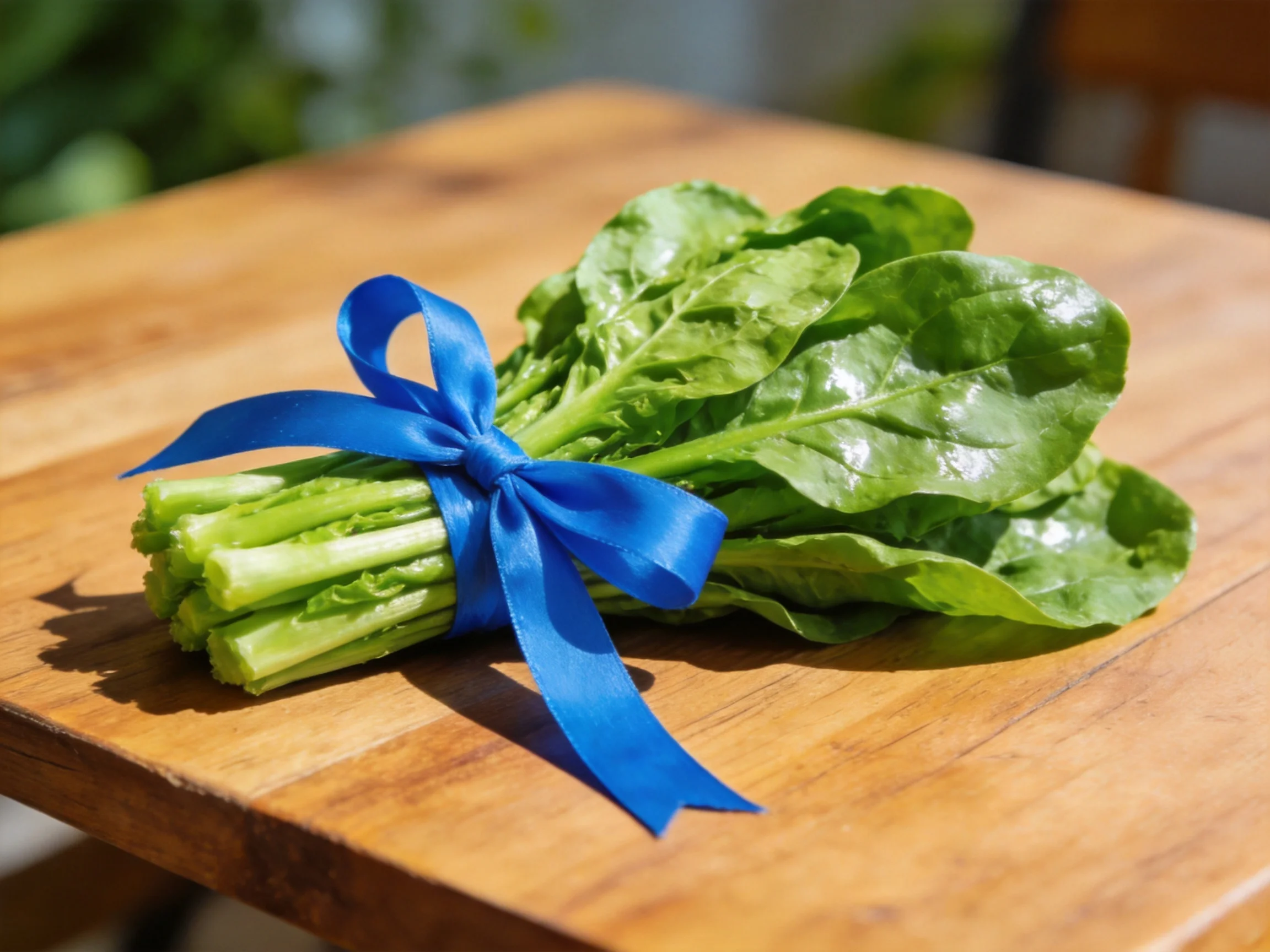 Fresh green leafy vegetables tied with blue ribbon on wooden surface