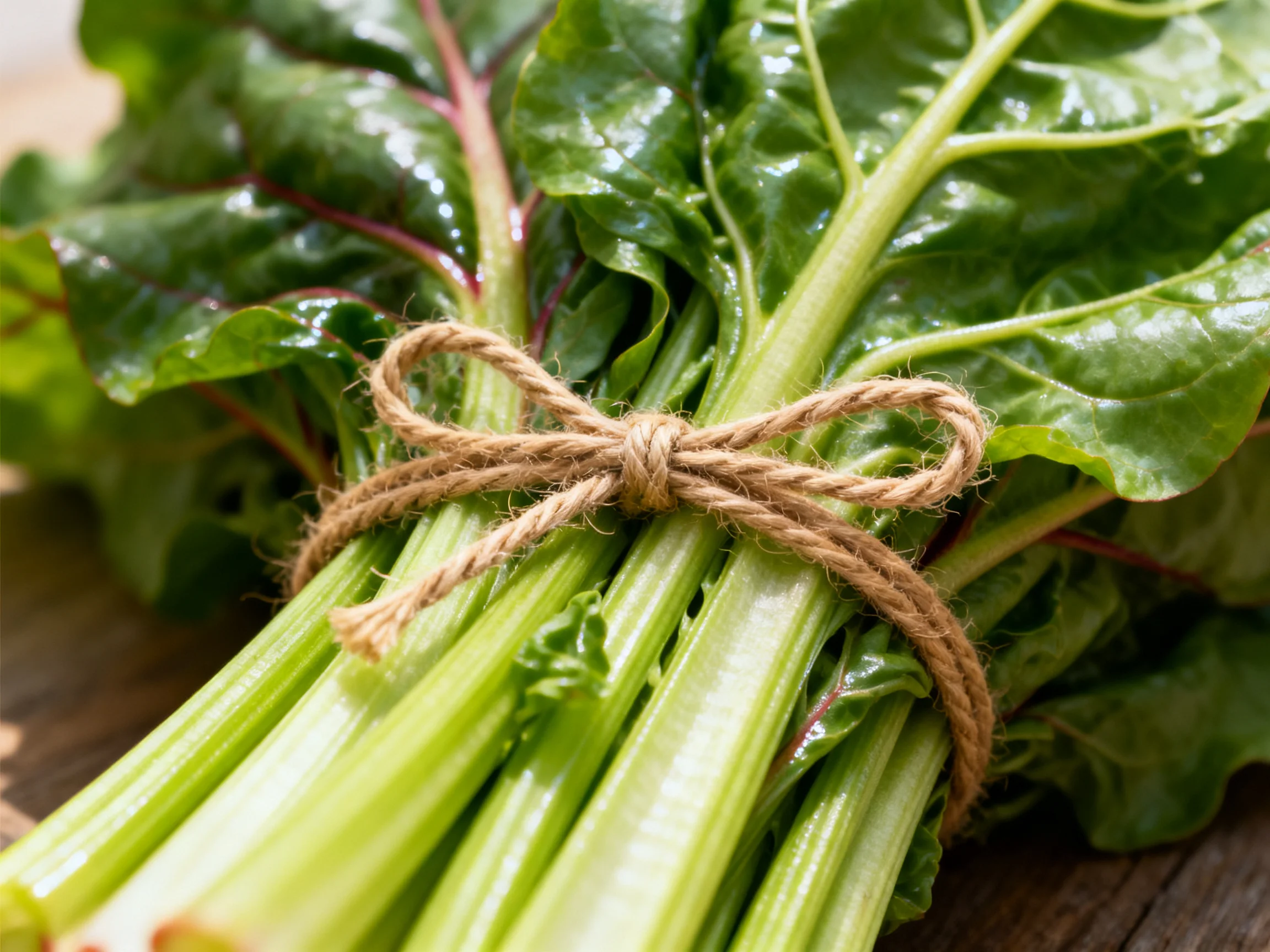 Fresh green leafy vegetables tied with natural twine, showing red-stemmed leaves