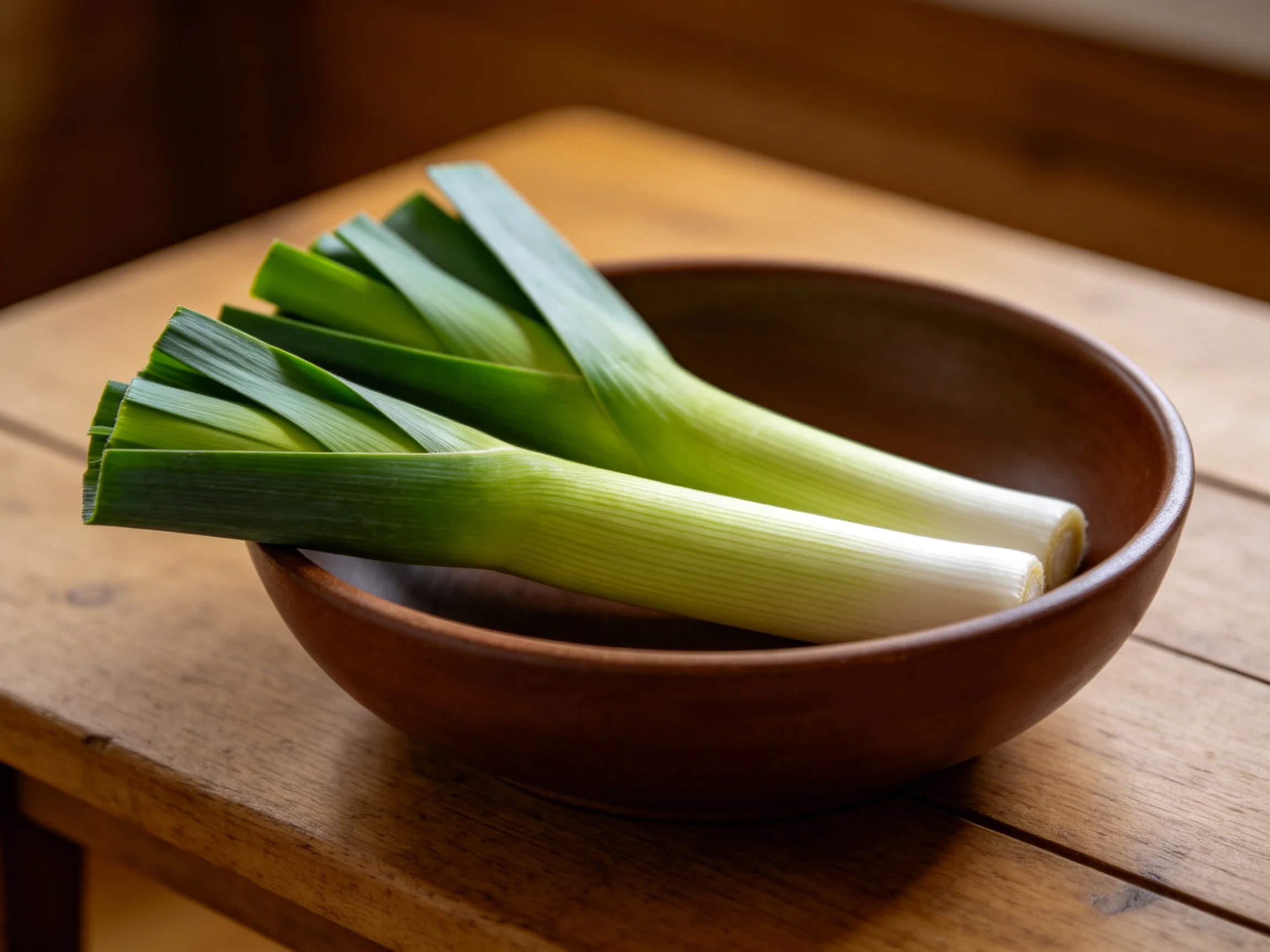 Fresh green leeks arranged in a brown ceramic bowl on a wooden table