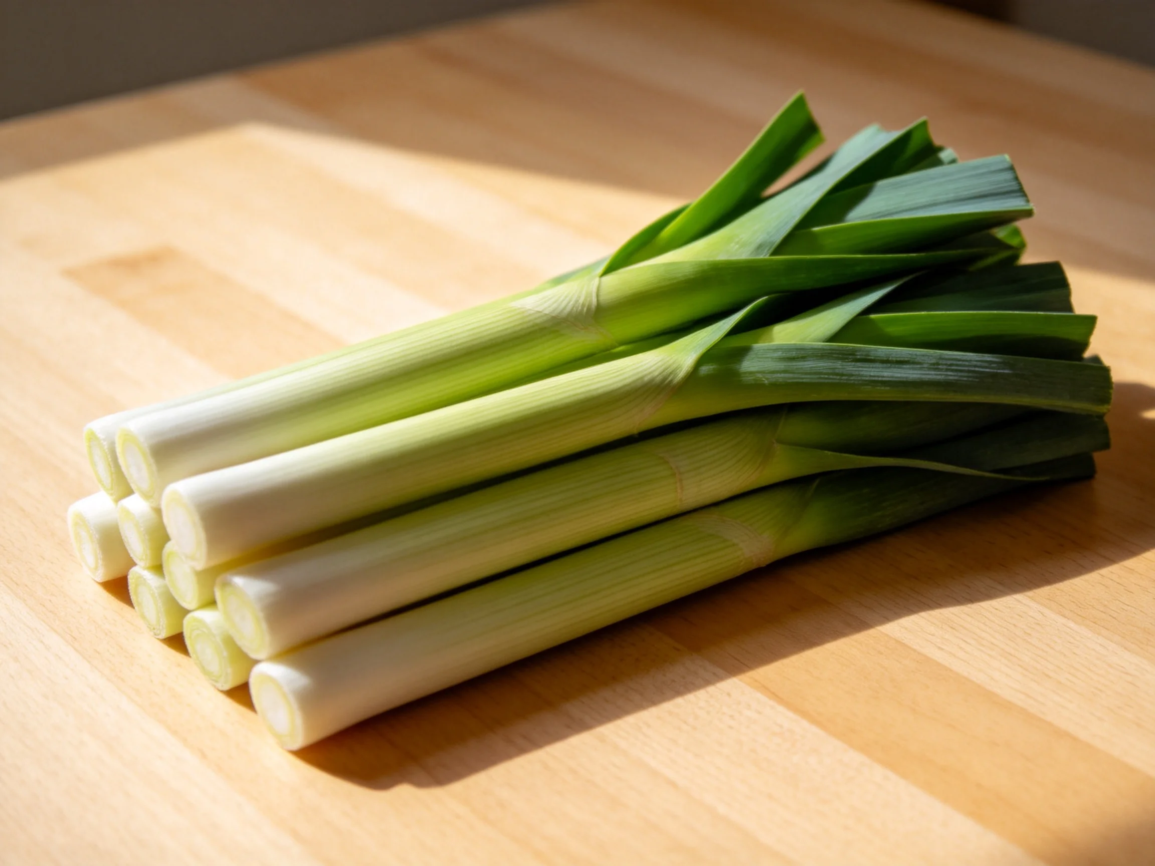 Fresh green leeks arranged on a light brown wooden cutting board