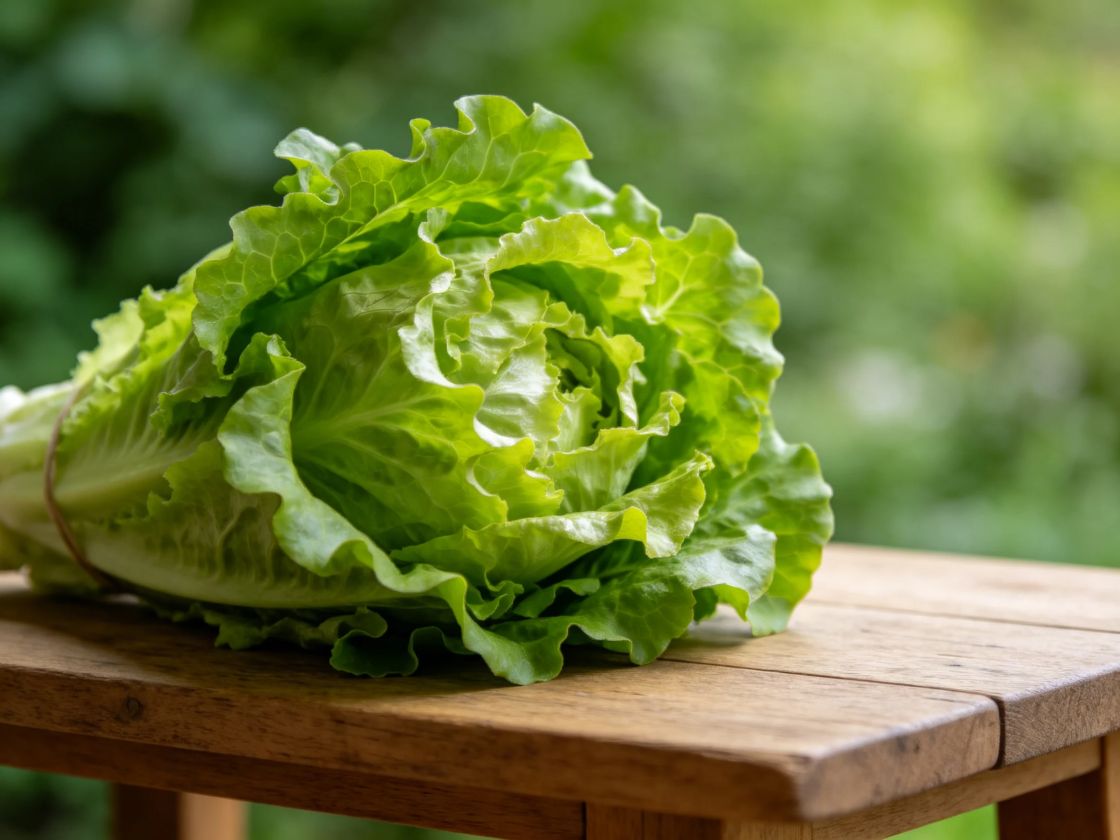 Fresh green lettuce bundle on a wooden outdoor table