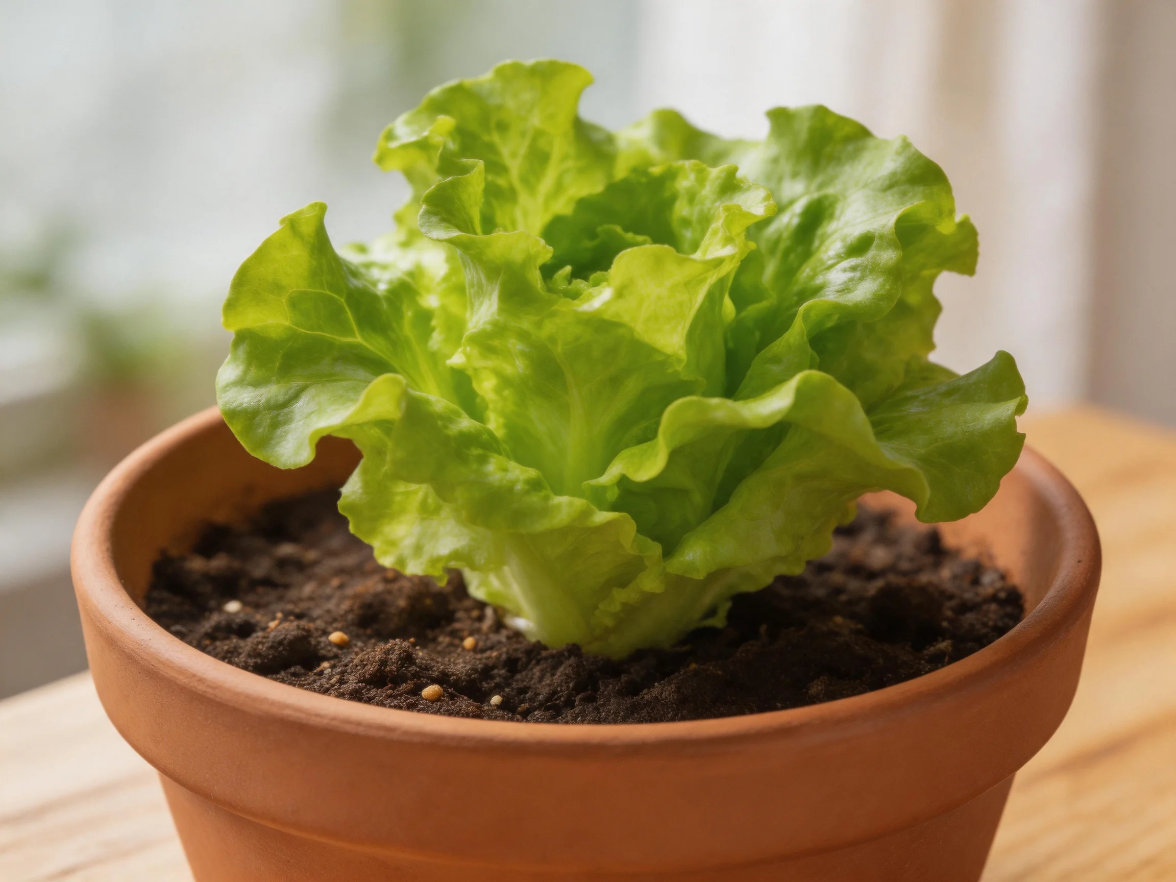 Fresh green lettuce growing in a terracotta pot with dark soil