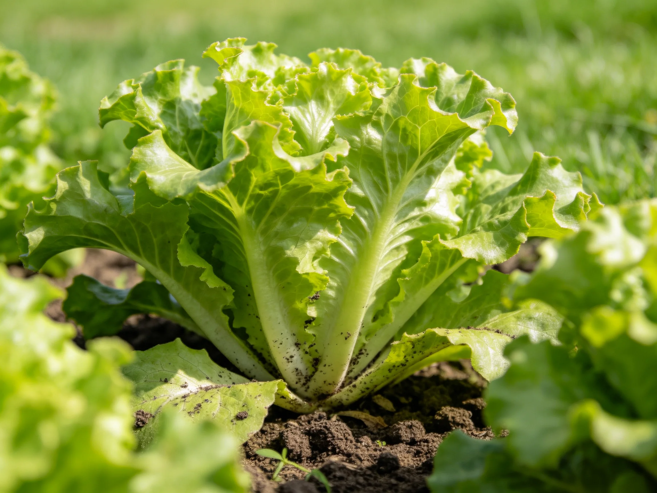 Fresh green lettuce growing in dark fertile soil among leafy plants