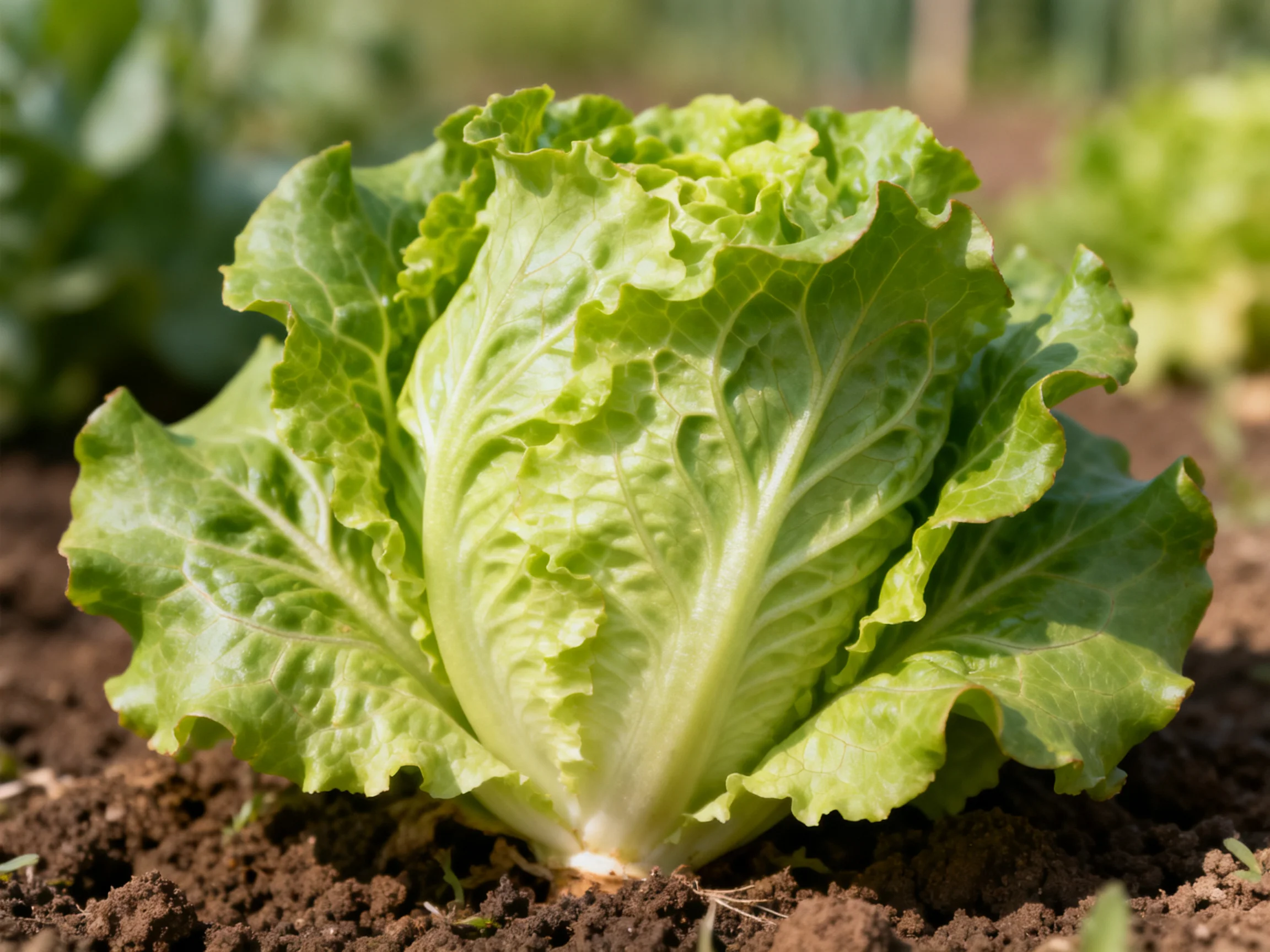 Fresh green lettuce head growing in dark brown garden soil