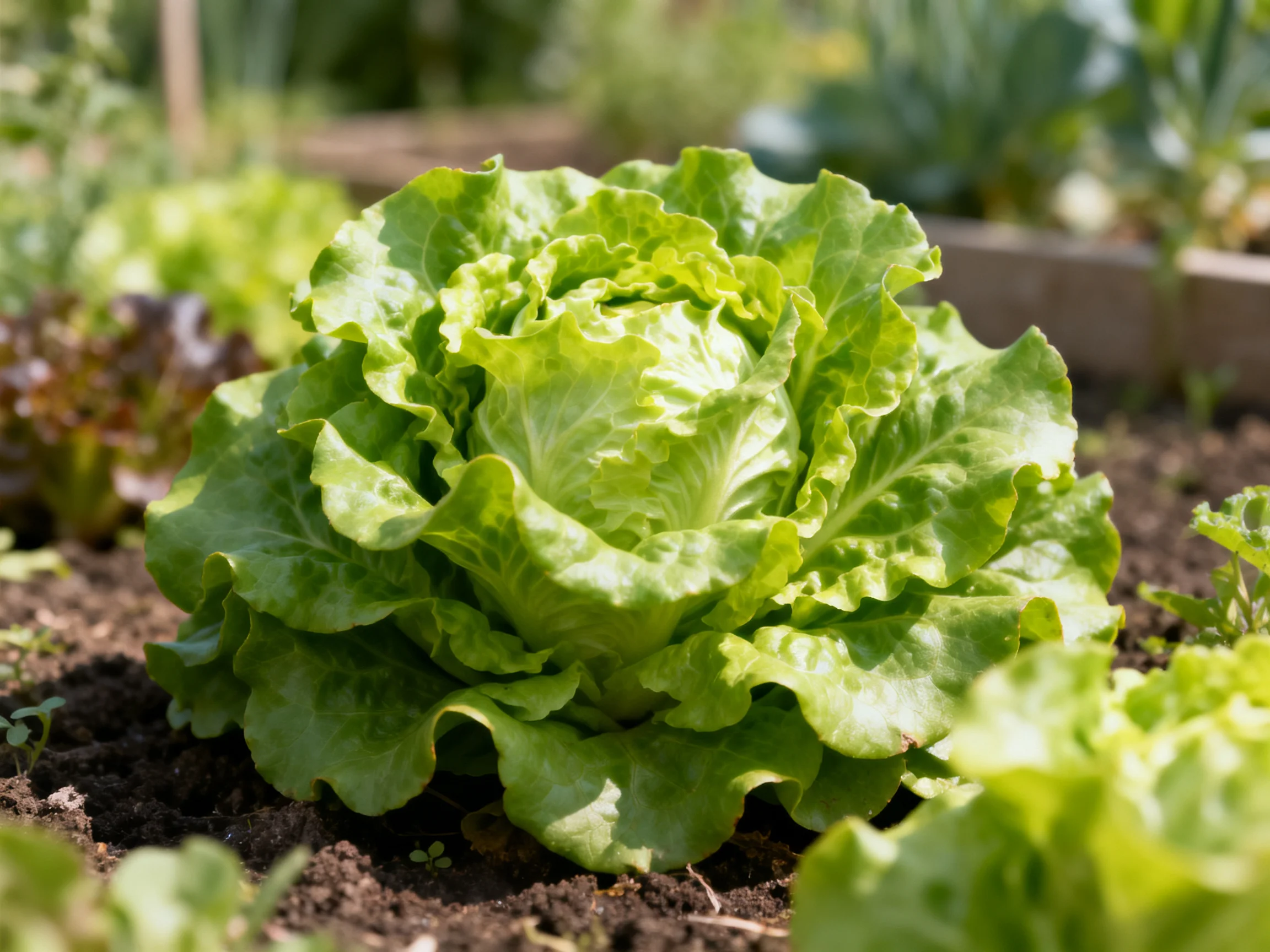 Fresh green lettuce head in sunlit vegetable garden bed