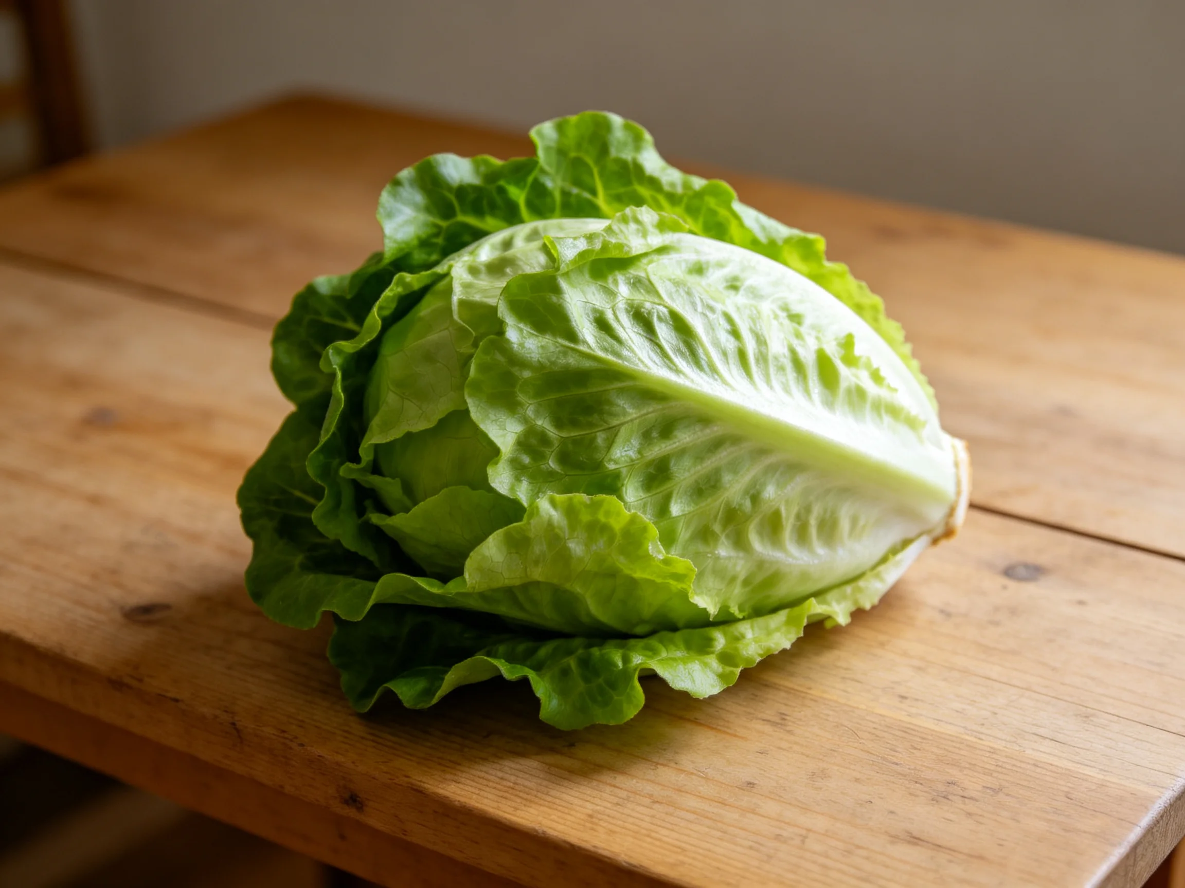 Fresh green lettuce head placed on a rustic wooden table
