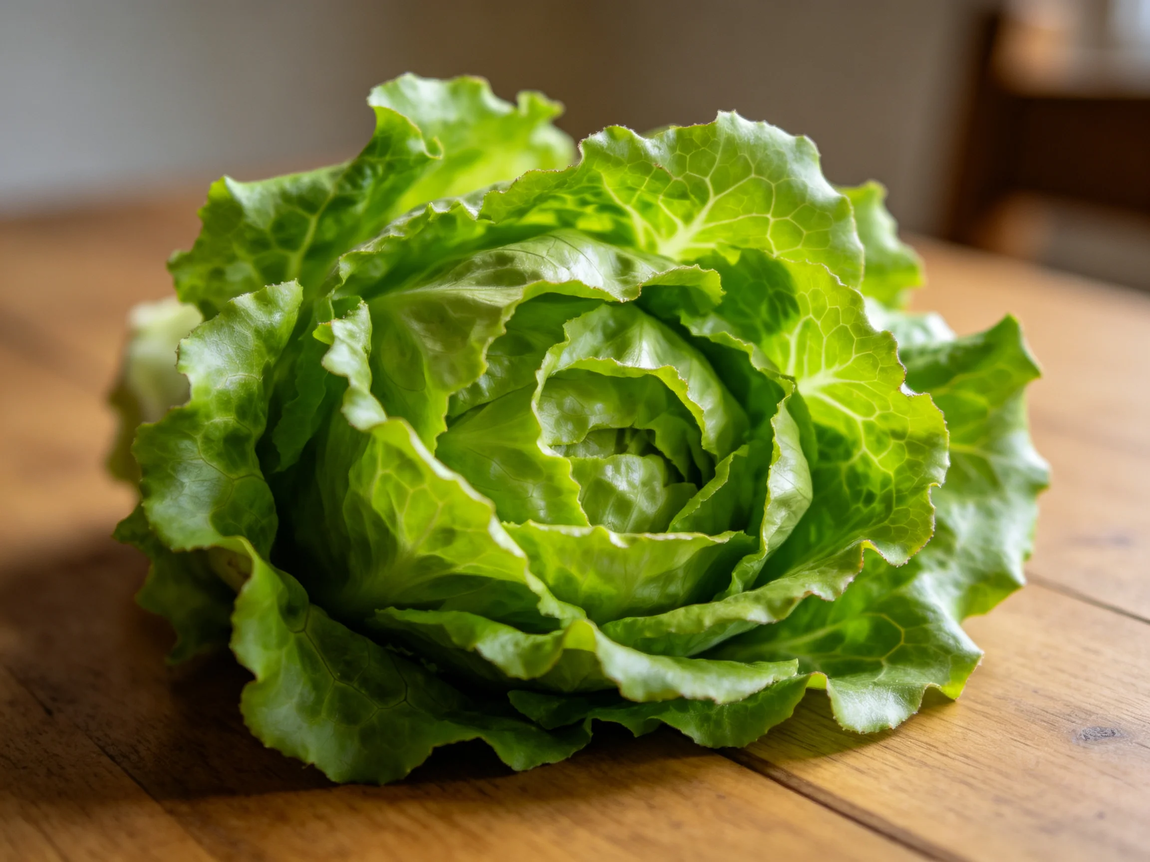 Fresh green lettuce head resting on a wooden table surface