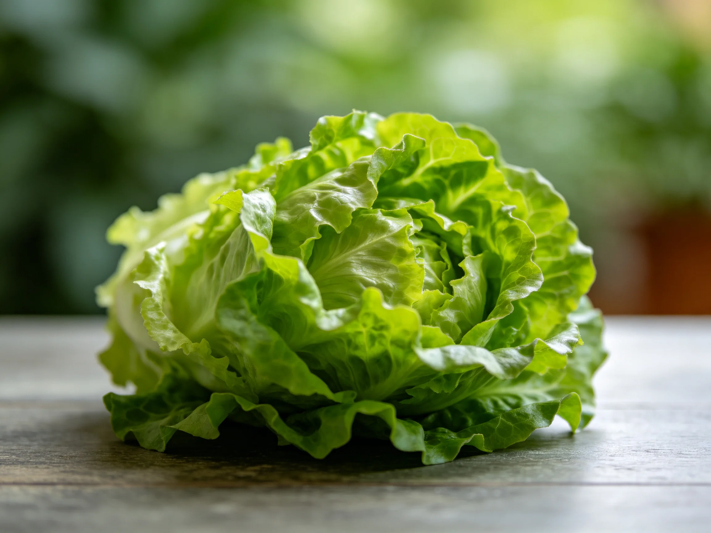 Fresh green lettuce head resting on wooden table with soft lighting