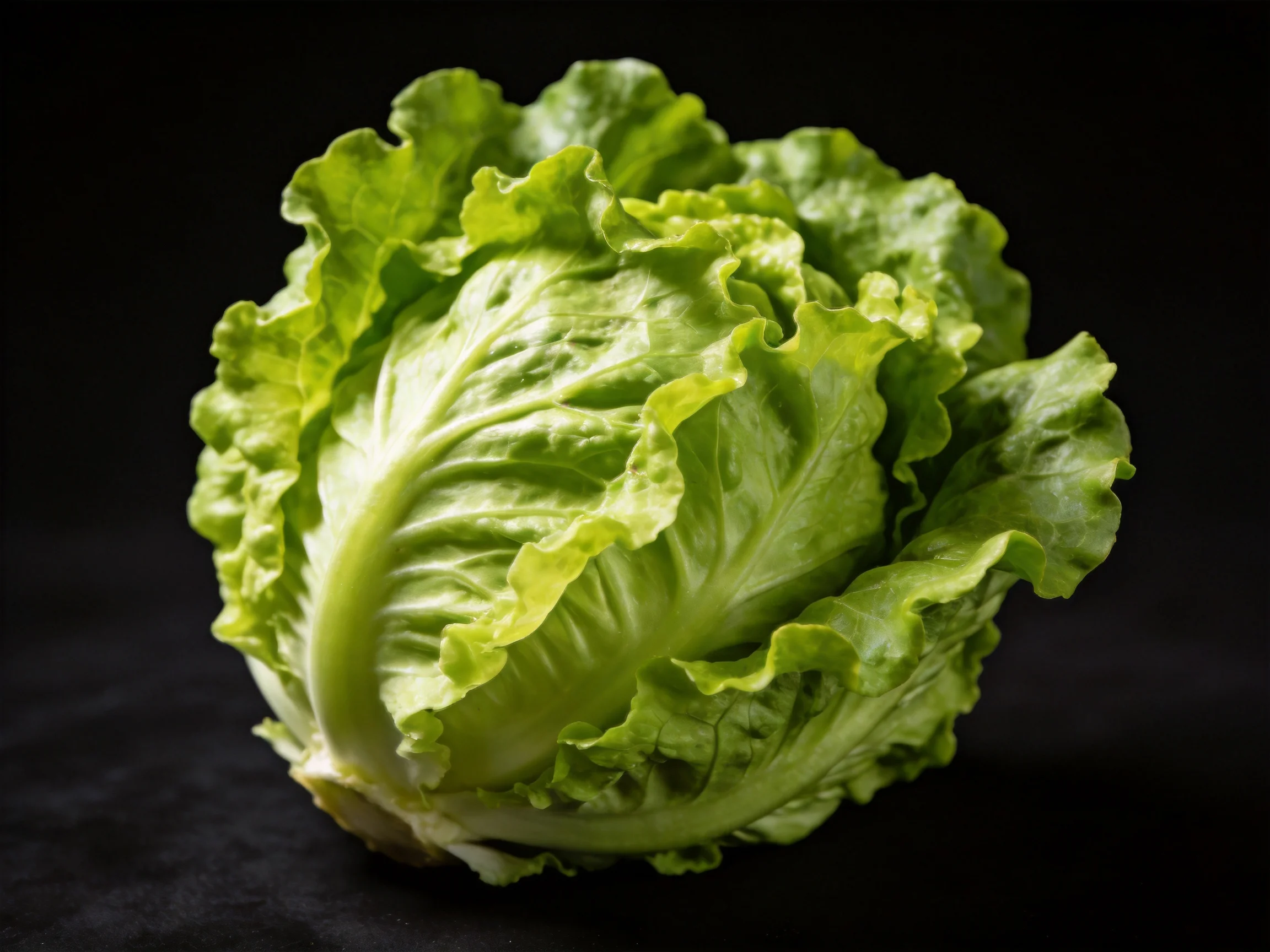 Fresh green lettuce head with ruffled edges on solid black background