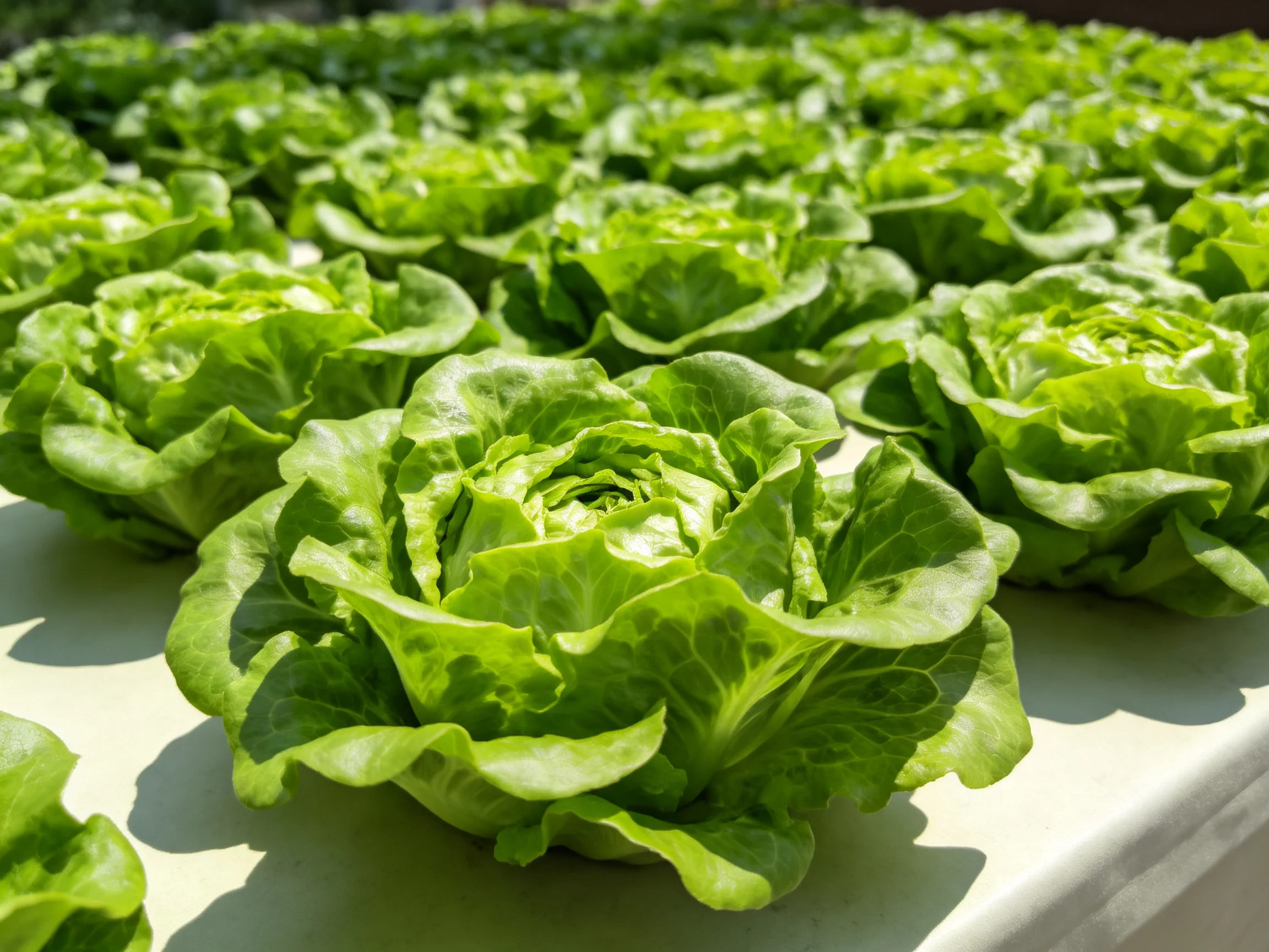 Fresh green lettuce heads arranged in neat rows under bright sunlight