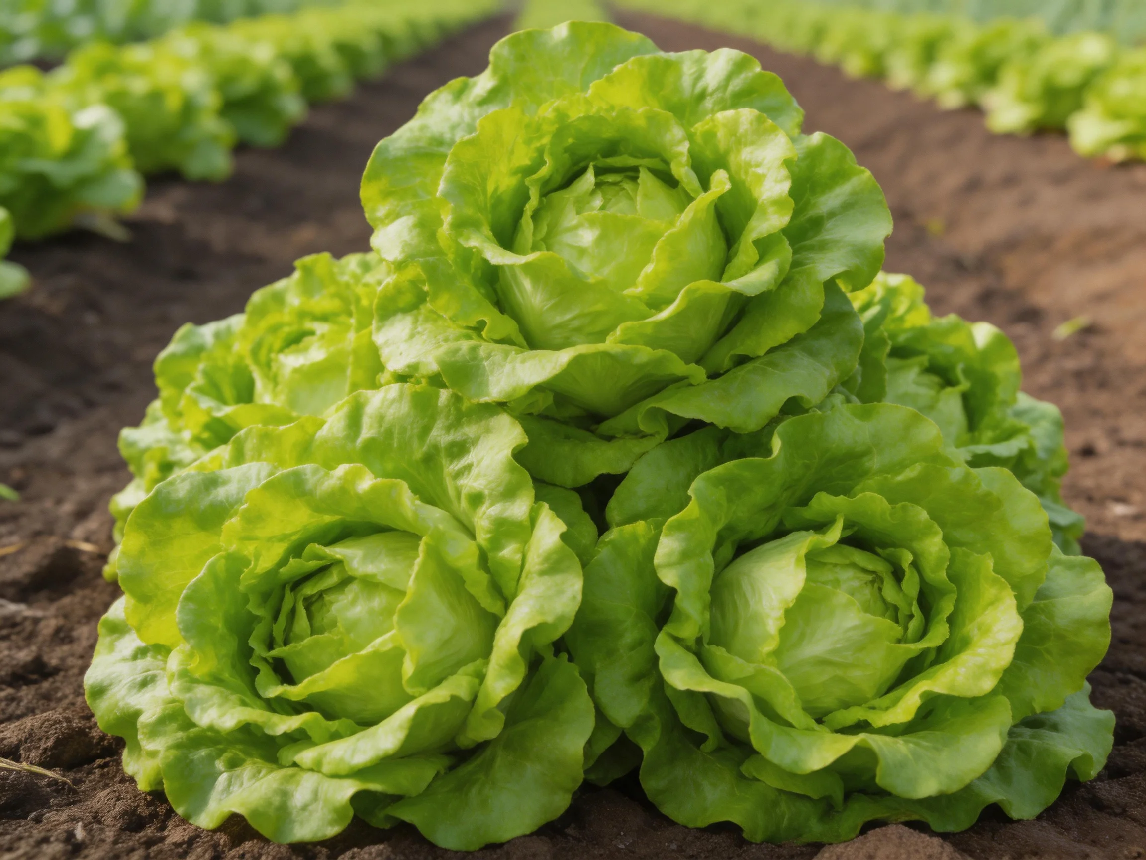 Fresh green lettuce heads clustered near rows of dark soil