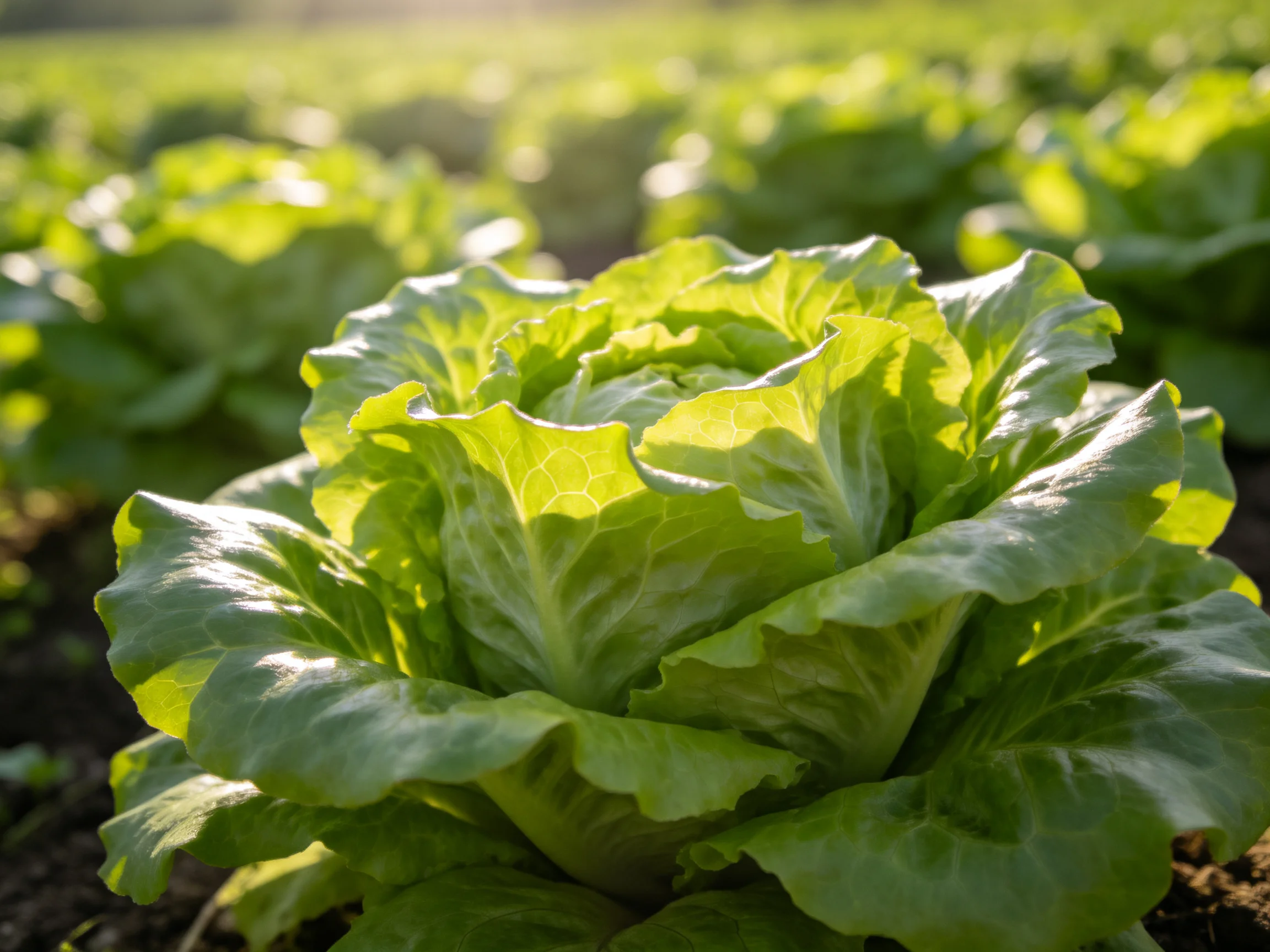 Fresh green lettuce heads growing in a sunlit agricultural field