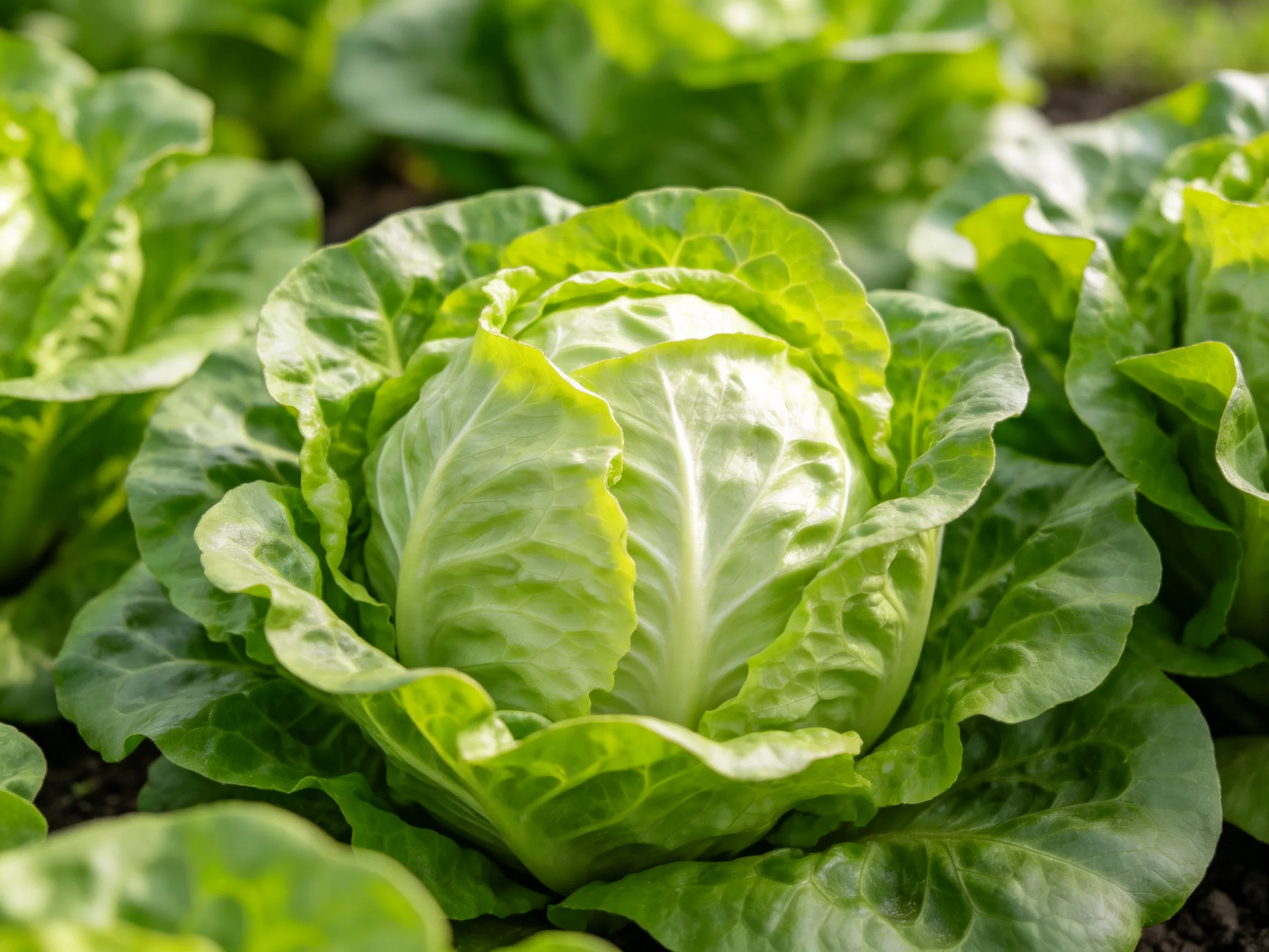 Fresh green lettuce heads growing in a sunlit vegetable garden