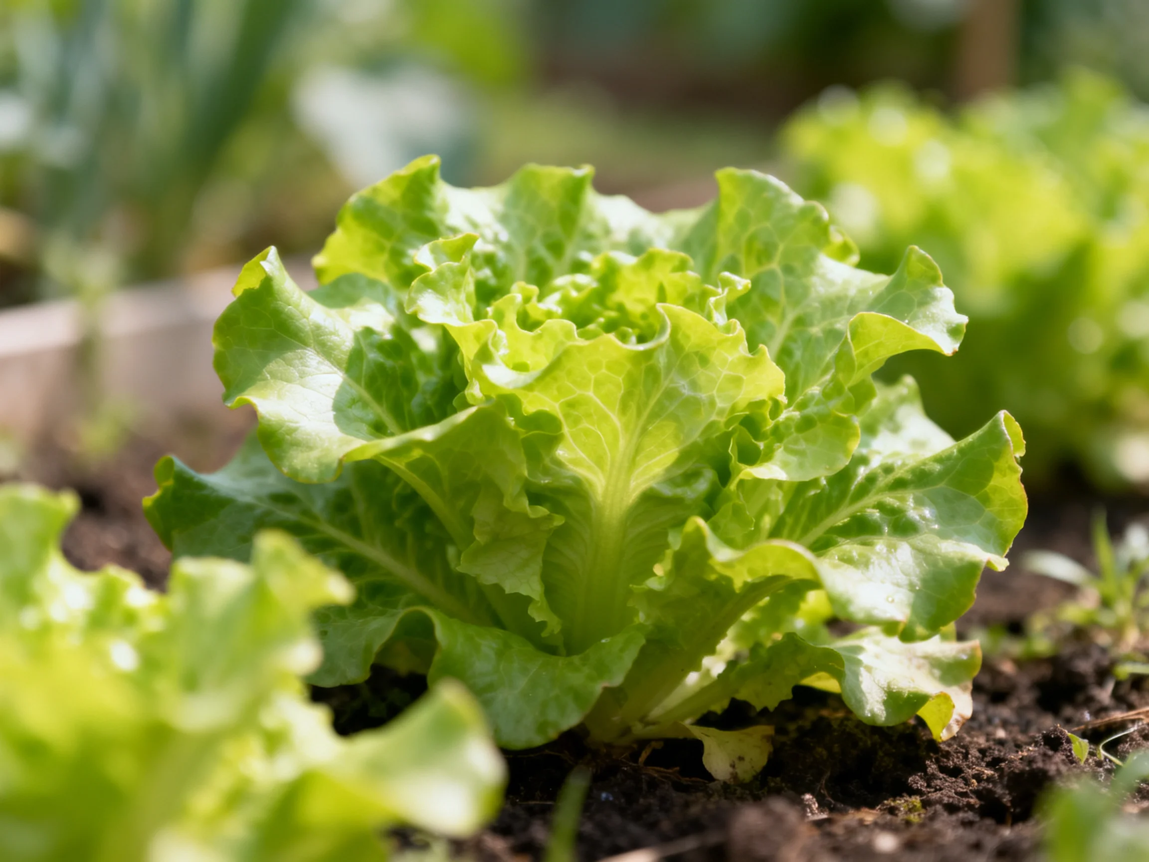Fresh green lettuce heads growing in dark garden soil