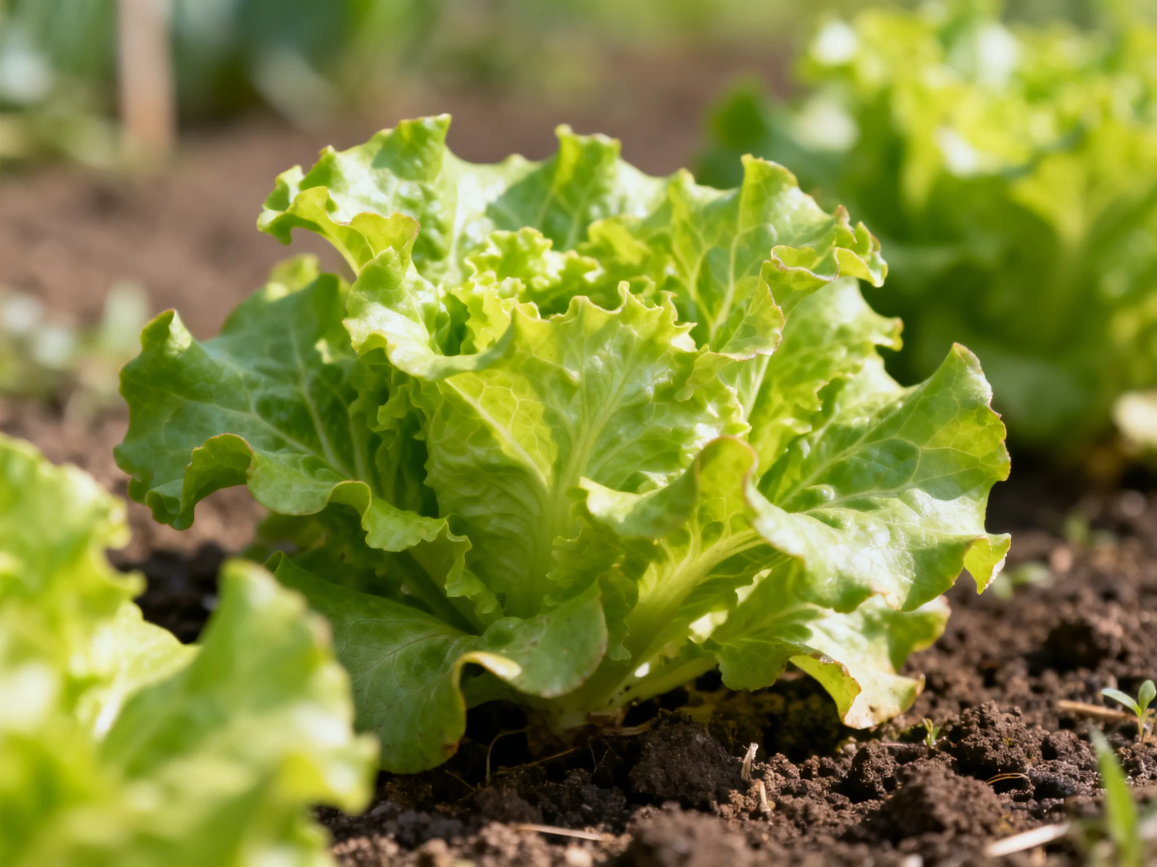 Fresh green lettuce heads growing in dark, moist garden soil