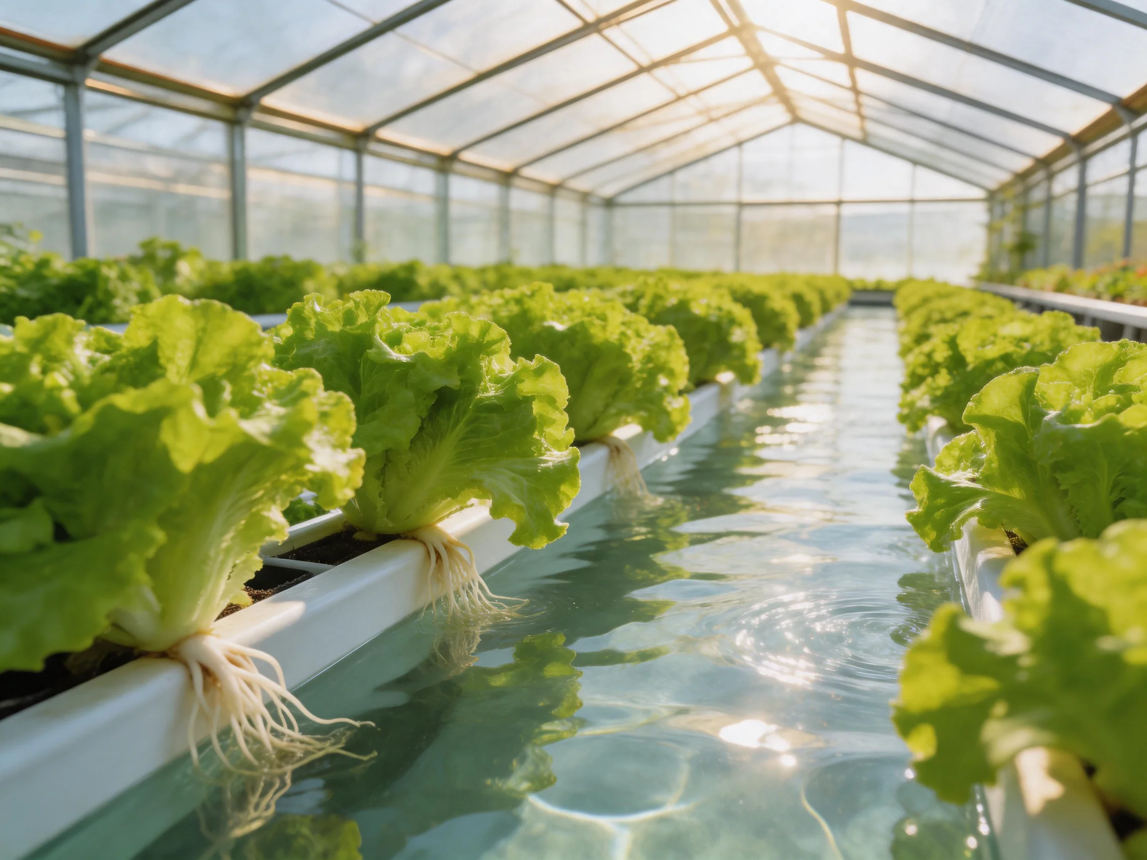 Fresh green lettuce hydroponically grown in a sunlit greenhouse