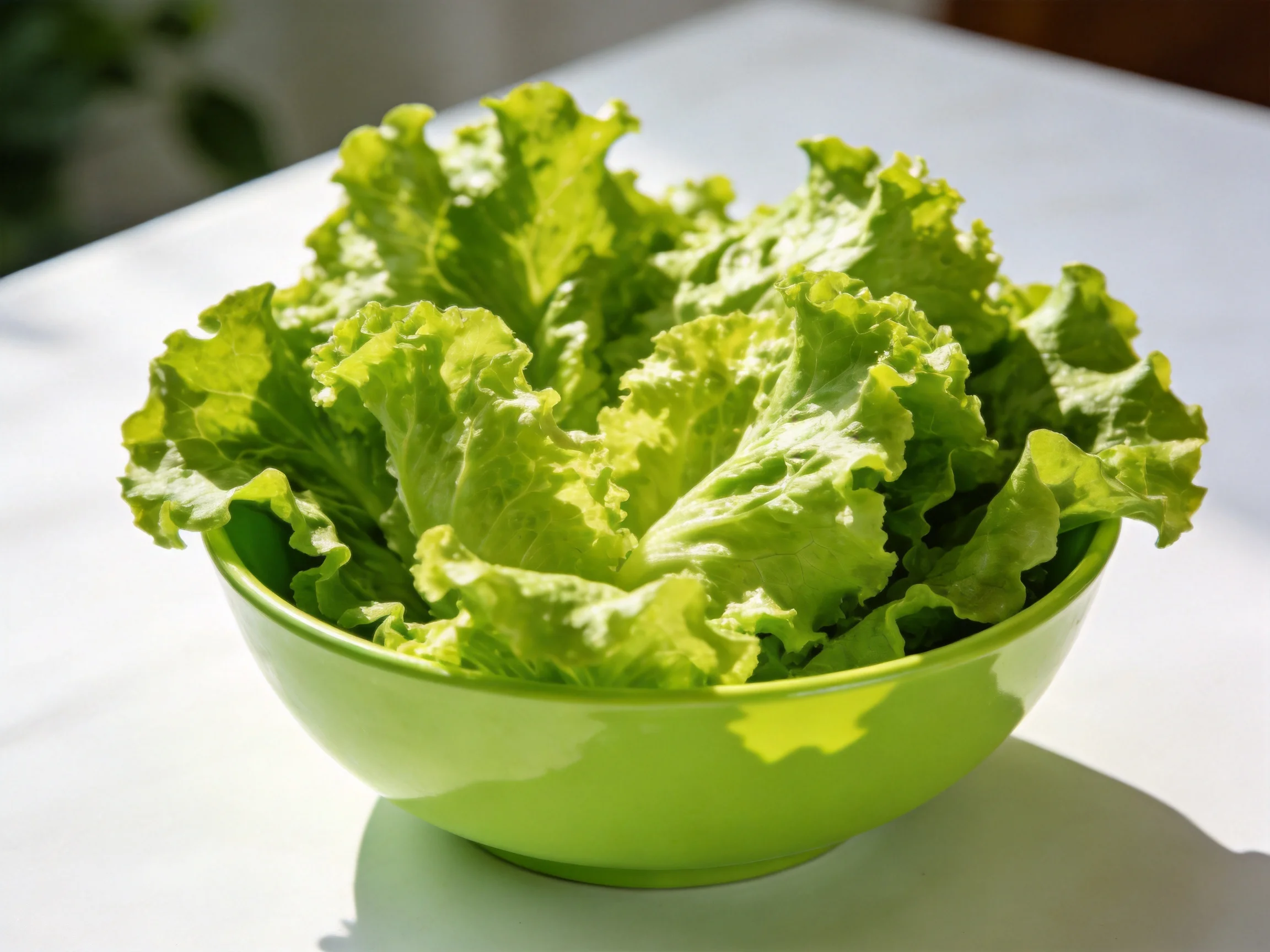 Fresh green lettuce in a glossy green bowl on a white table