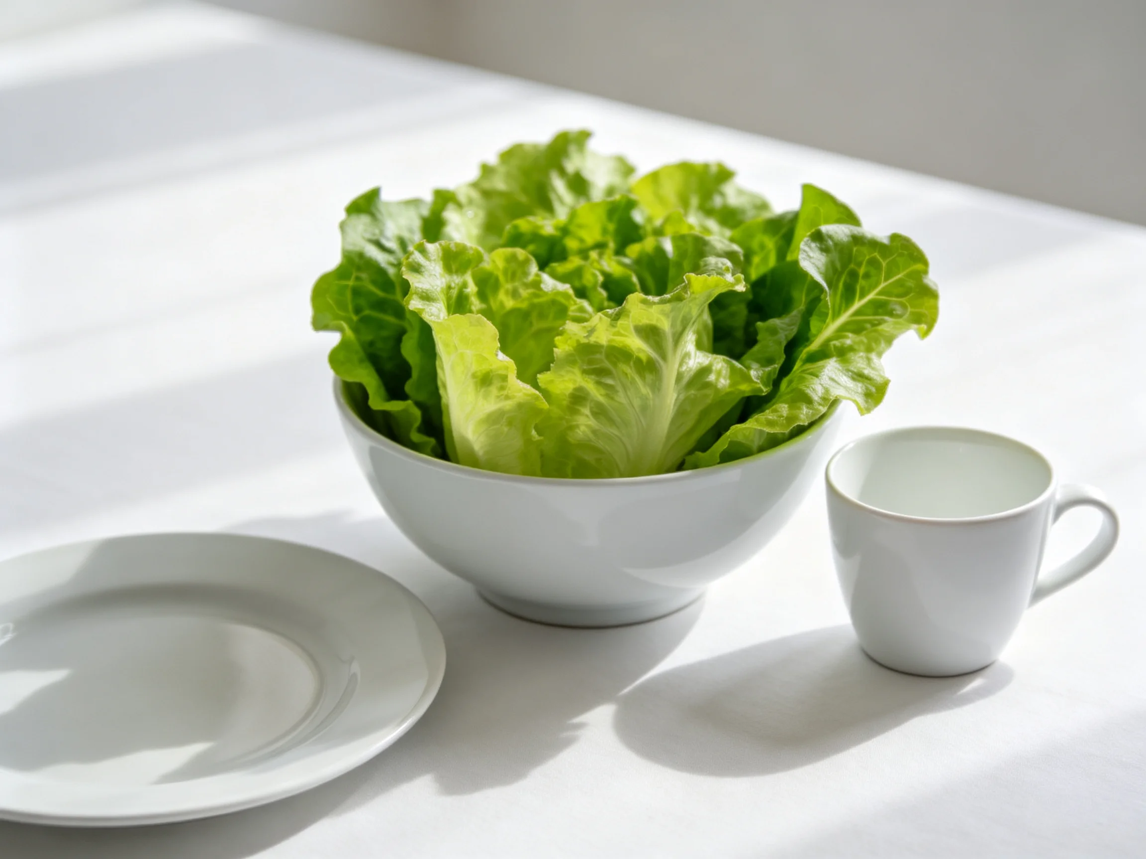 Fresh green lettuce in a white bowl with plate and cup