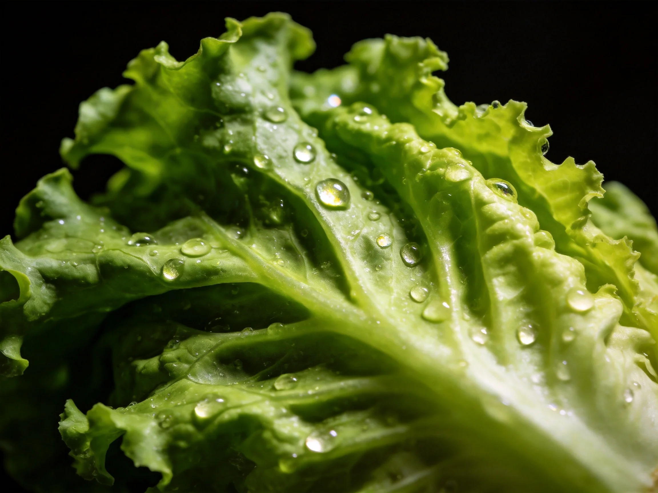 Fresh green lettuce leaves adorned with glistening water droplets