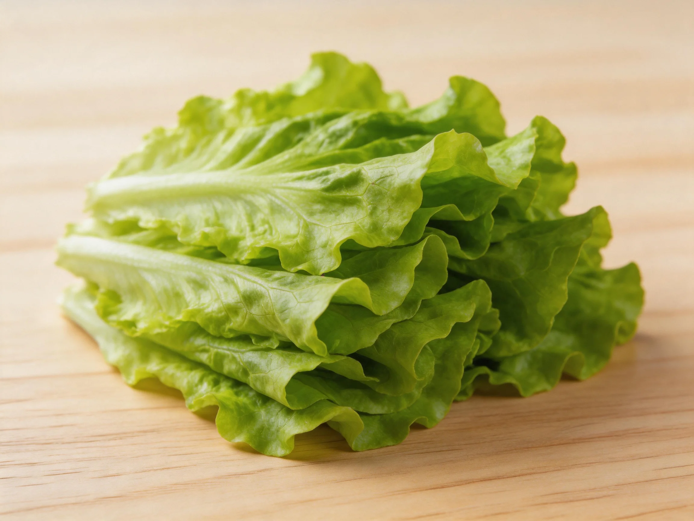 Fresh green lettuce leaves piled on a light wooden surface