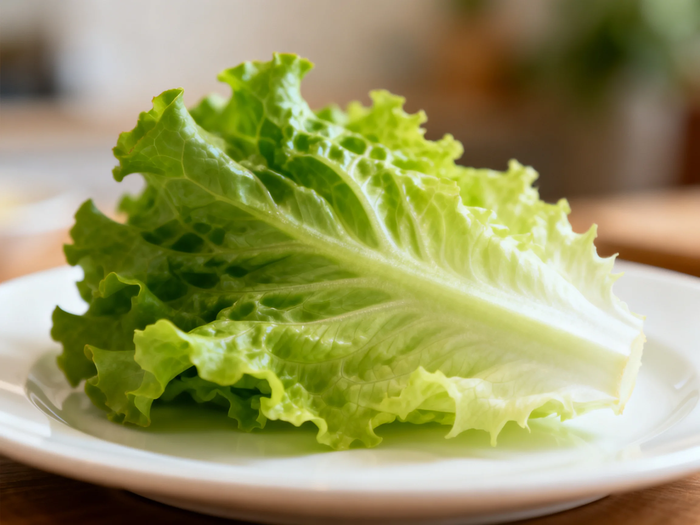 Fresh green lettuce leaves presented on a white plate