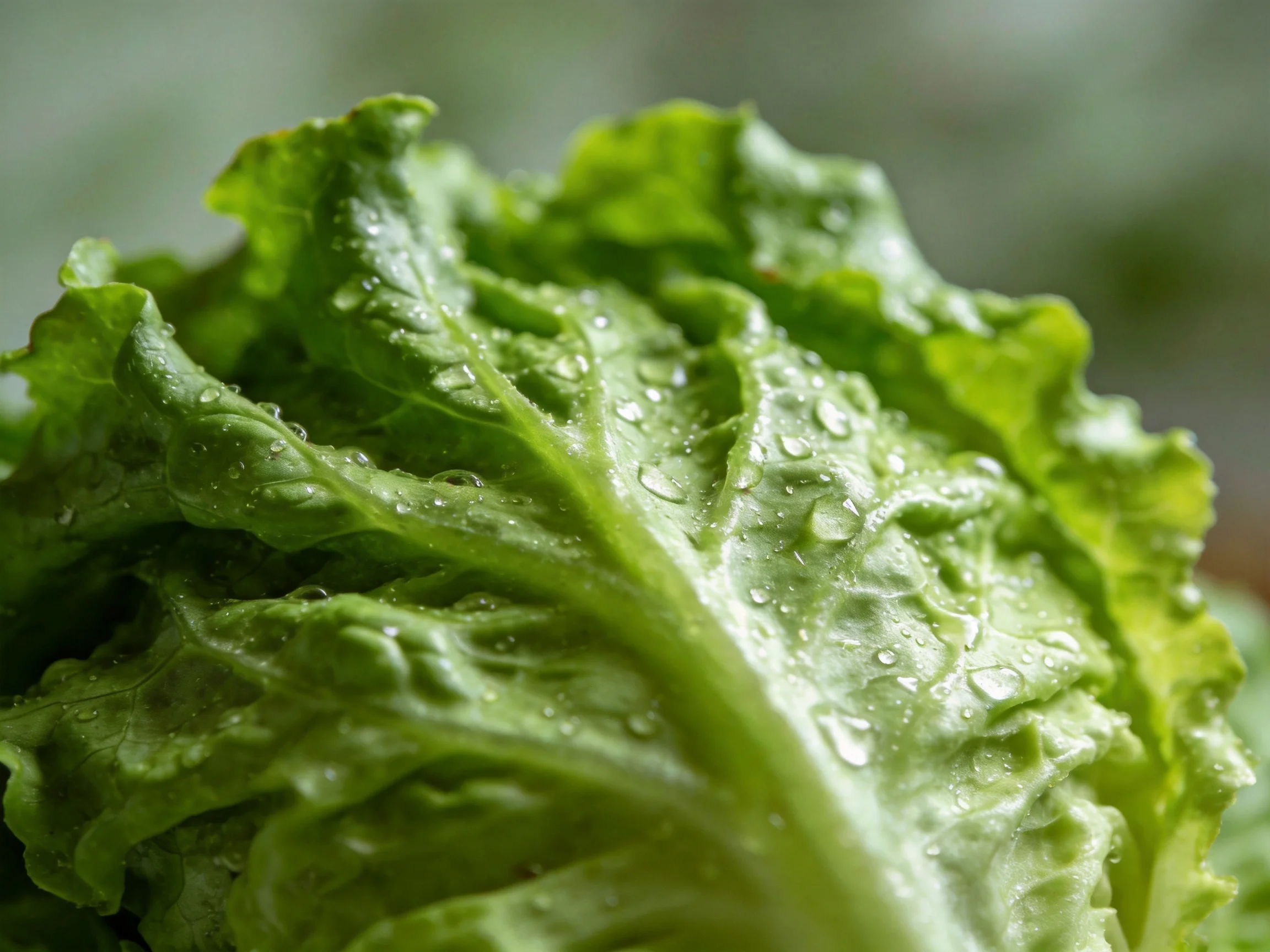 Fresh green lettuce leaves with glistening water droplets