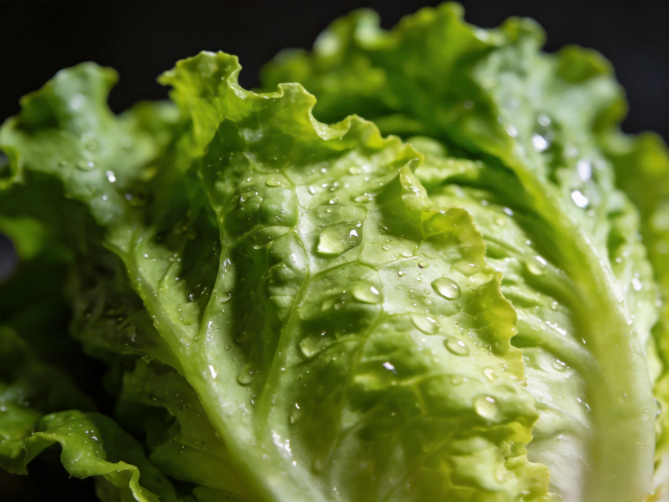 Fresh green lettuce leaves with glistening water droplets