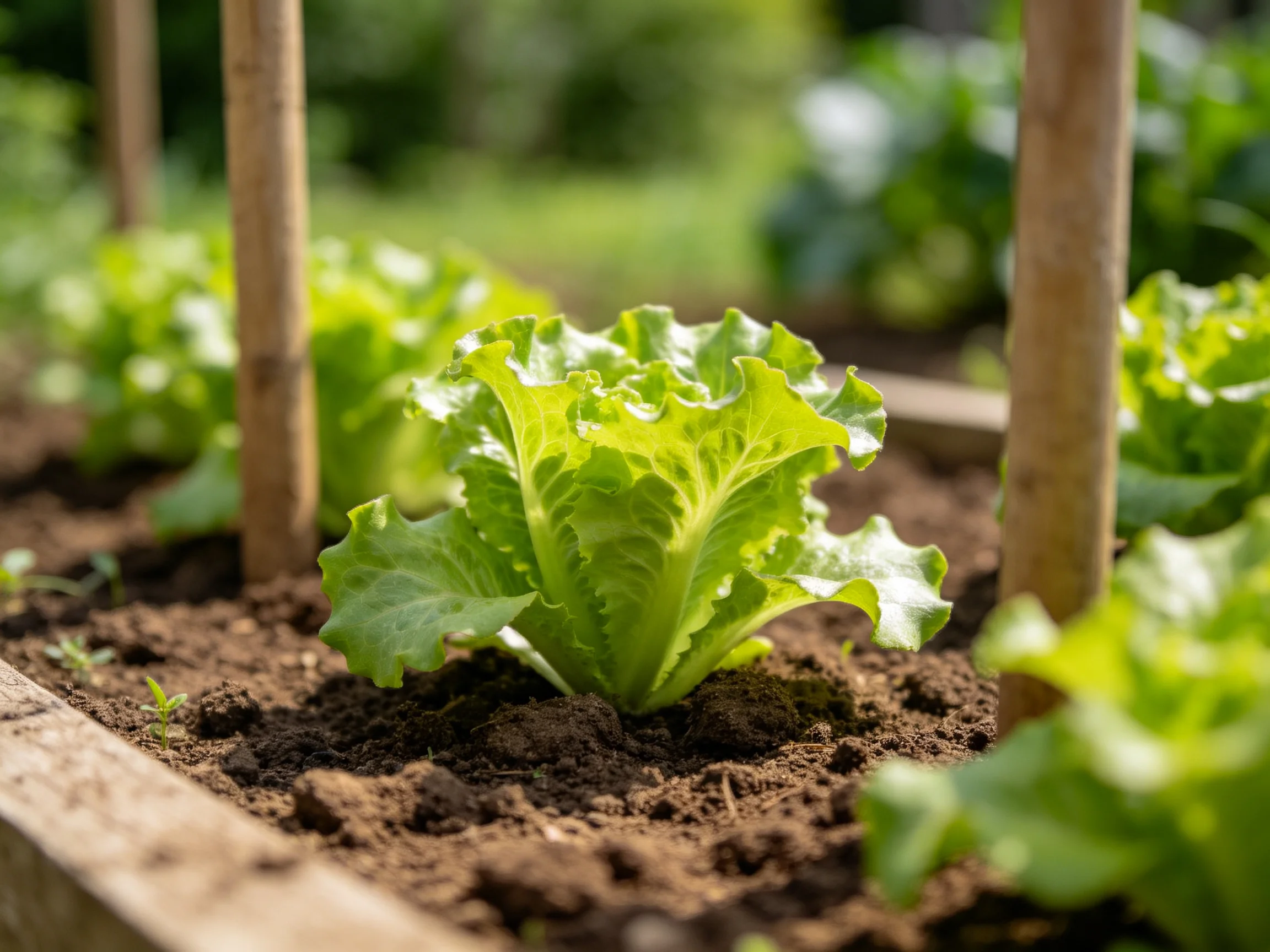 Fresh green lettuce plants growing in a raised wooden garden bed