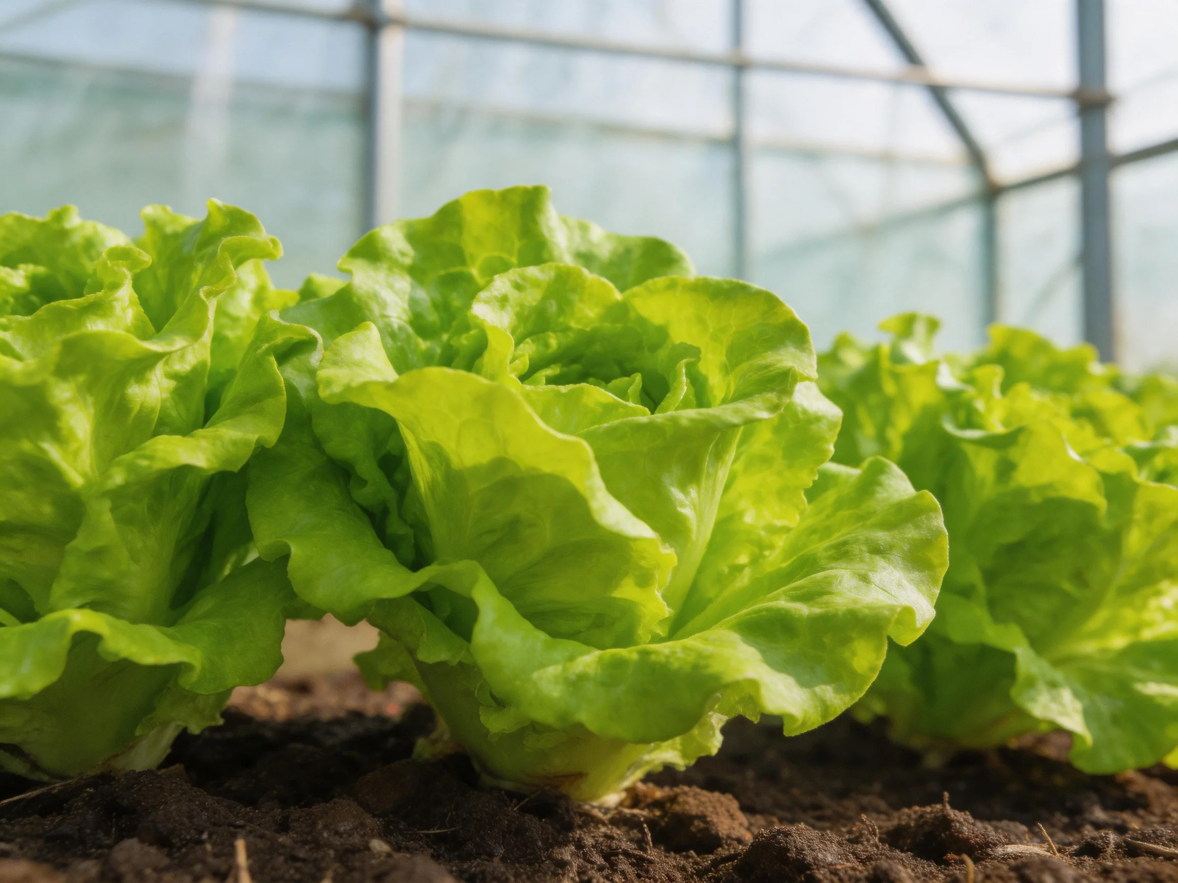 Fresh green lettuce plants growing in a sunlit greenhouse