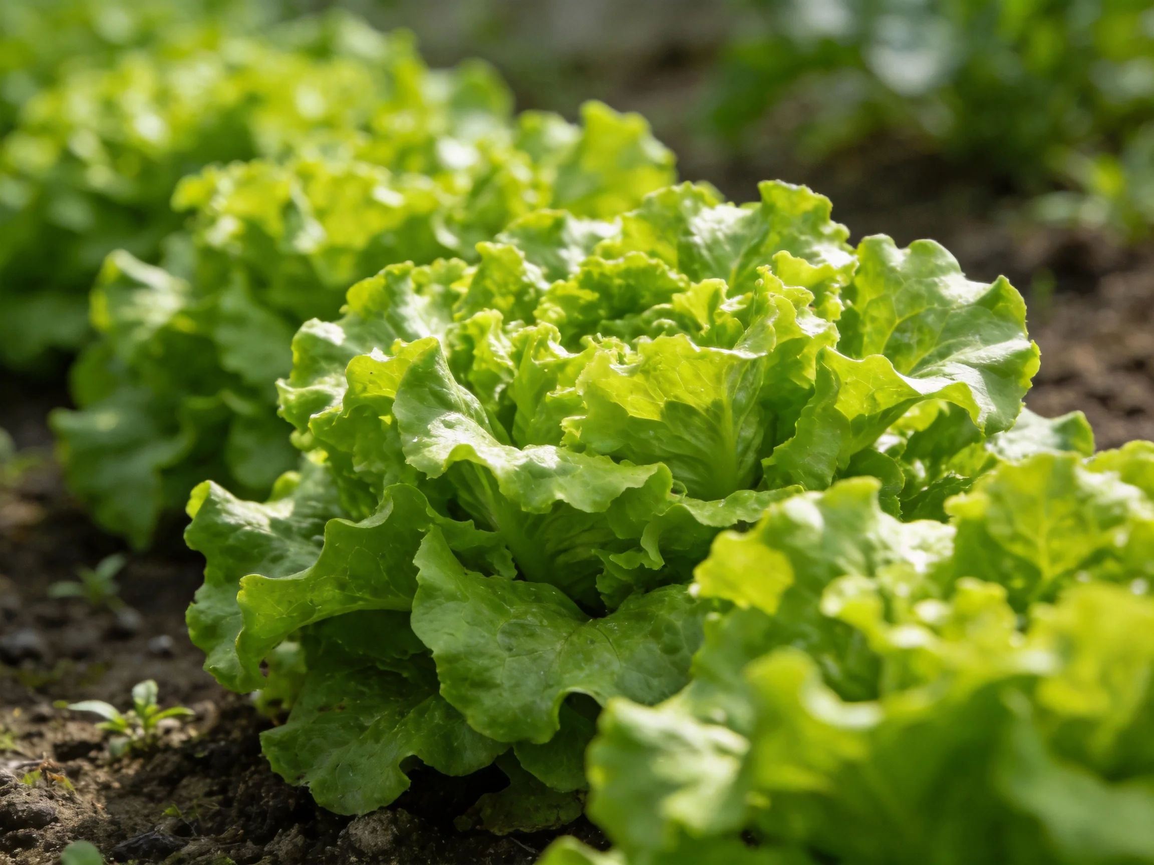 Fresh green lettuce plants growing in neat rows over dark soil