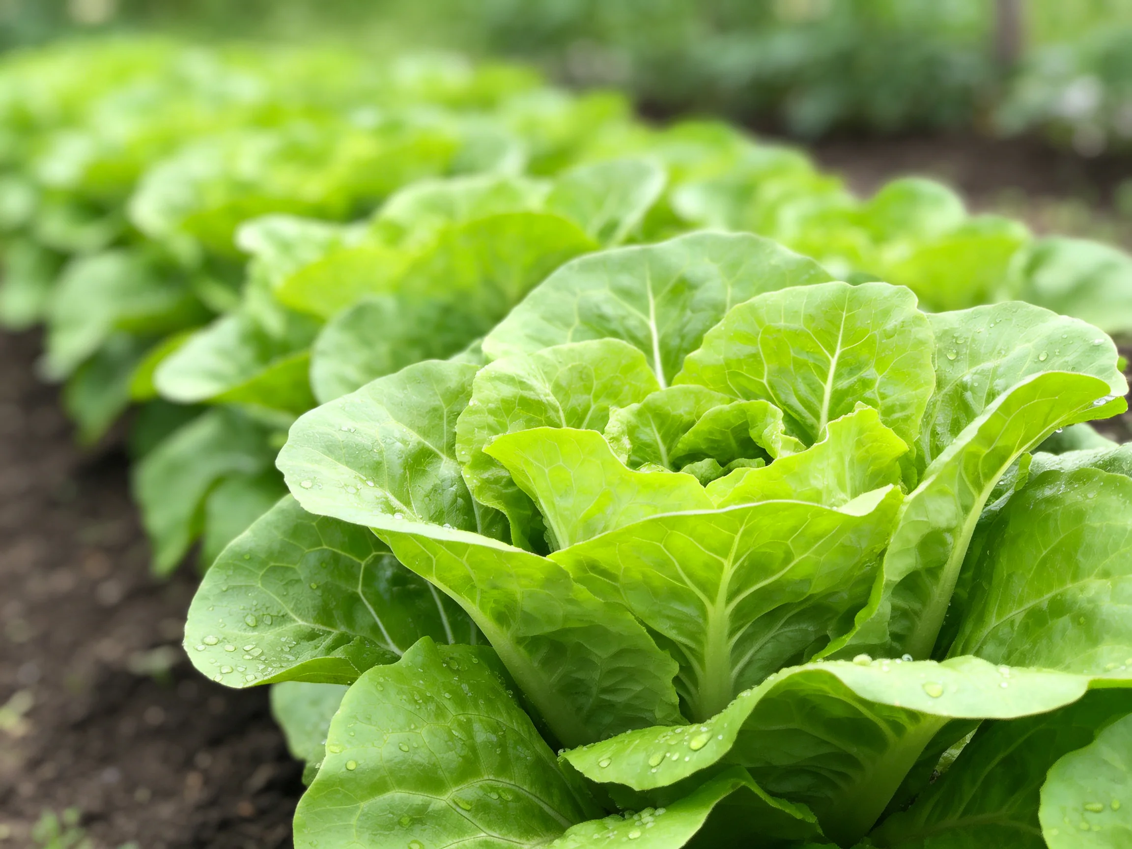 Fresh green lettuce plants in neatly arranged rows with dew drops