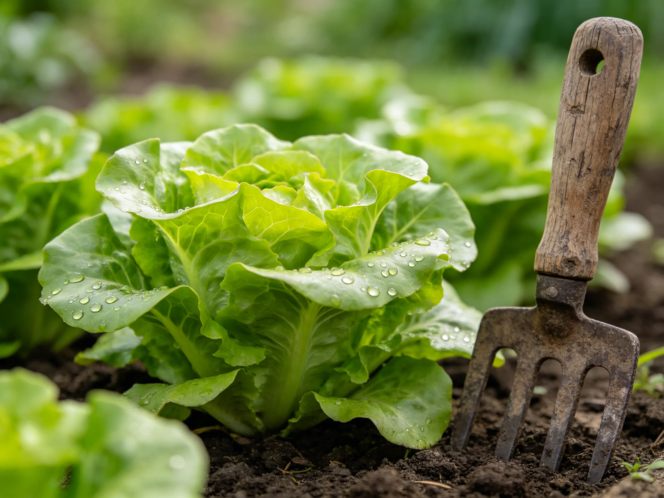 Fresh green lettuce plants with a weathered gardening tool in dark soil